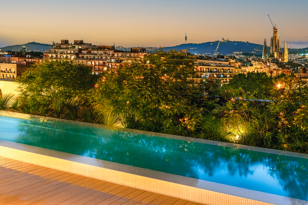 Rooftop infinity pool overlooking a cityscape at sunset, with lush plants by the pool and distant views of historic buildings and hills under a clear sky.