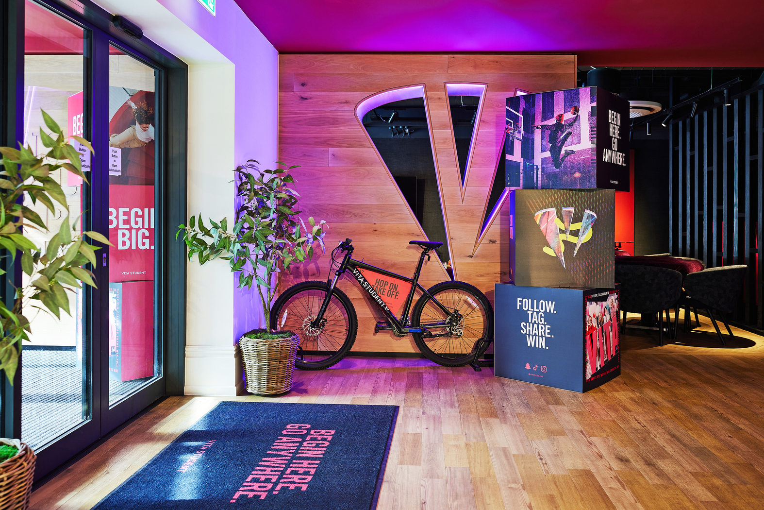 Modern office entrance with vibrant lighting. A bicycle is displayed against a wooden wall with a large "V" logo. Indoor plants adorn the space. Posters with motivational messages are visible, and there's a rug with "Begin Here, Go Anywhere.