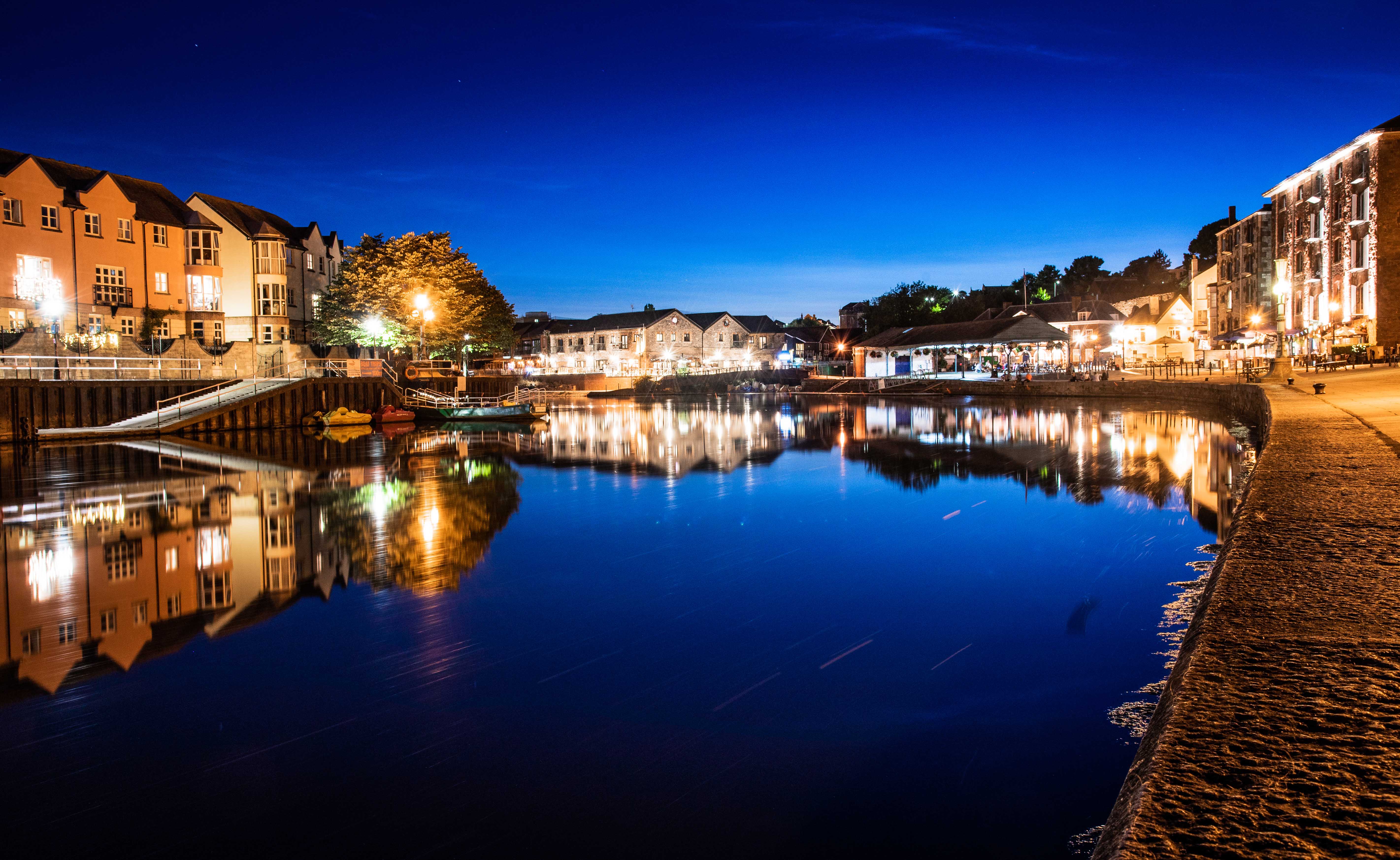 Exeter Quays lit up at night