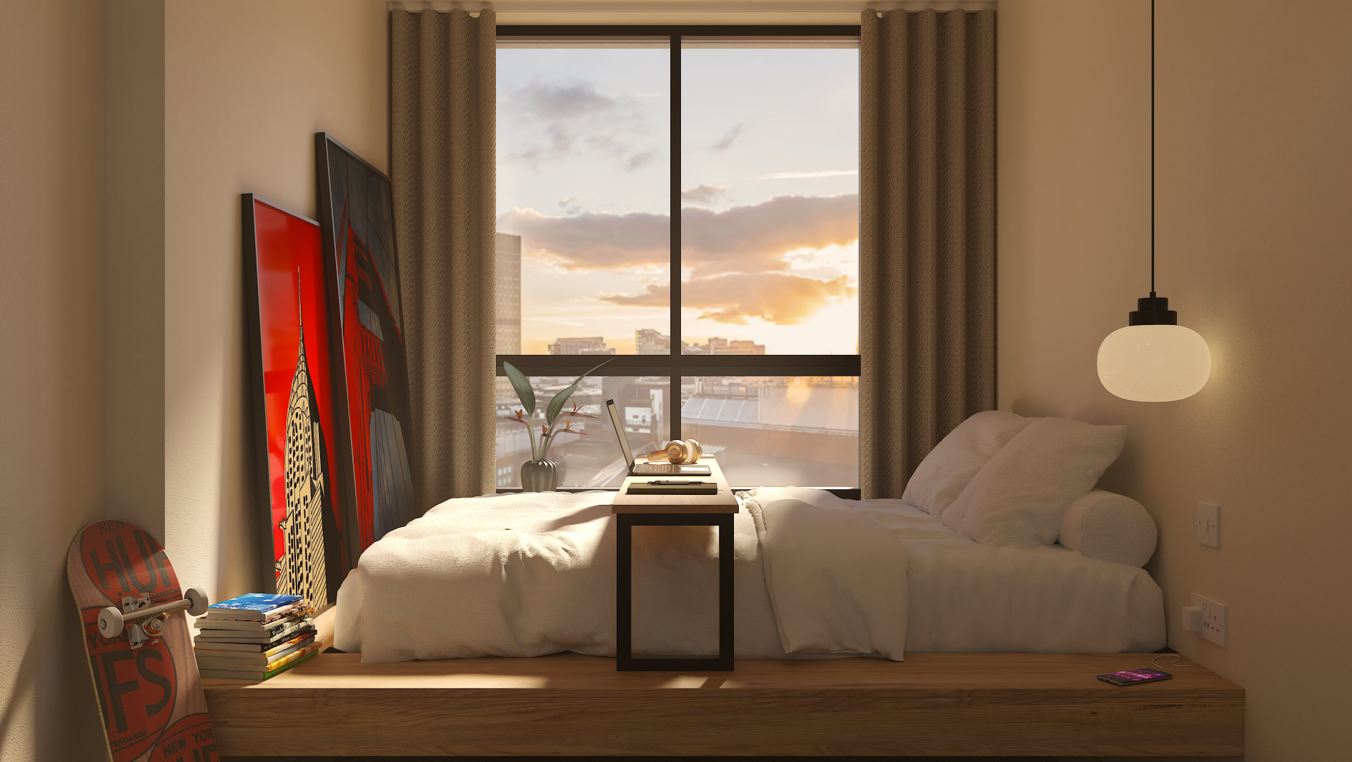 A cozy First Street bedroom with a raised wooden bed, white bedding, tray with food, skateboard, stacked books, large paintings, and a window showing a sunset over city buildings. A round pendant light hangs from the ceiling.