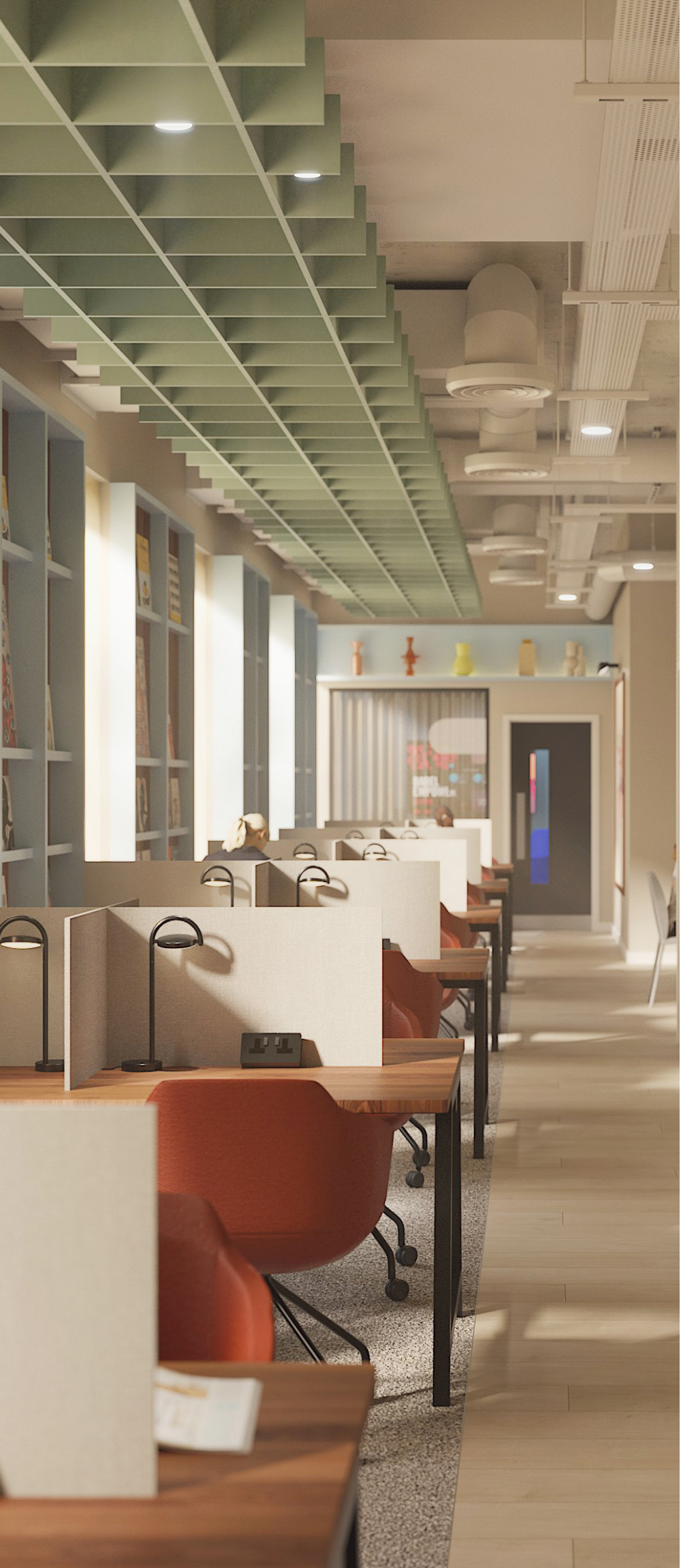 A modern, well-lit office space with rows of wooden desks and orange chairs, designed to reflect the vibrant style of luxury student accommodation in Newcastle. Green ceiling panels and shelves with decor add a touch of comfort and sophistication.