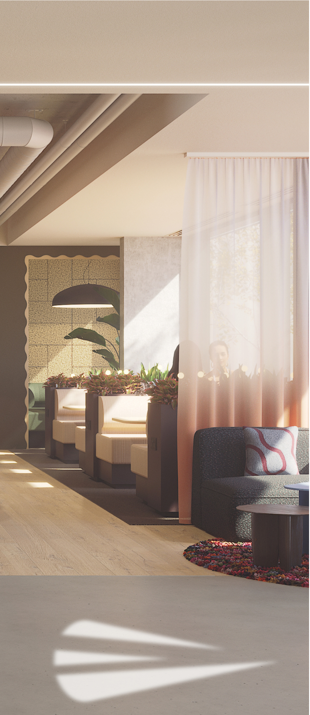 A modern, sunlit lounge in student accommodation in Edinburgh, Scotland, with cozy booth seating, a dark sofa, coffee table, plants, and sheer curtains. Light wood floors and soft natural light create a warm, inviting atmosphere.