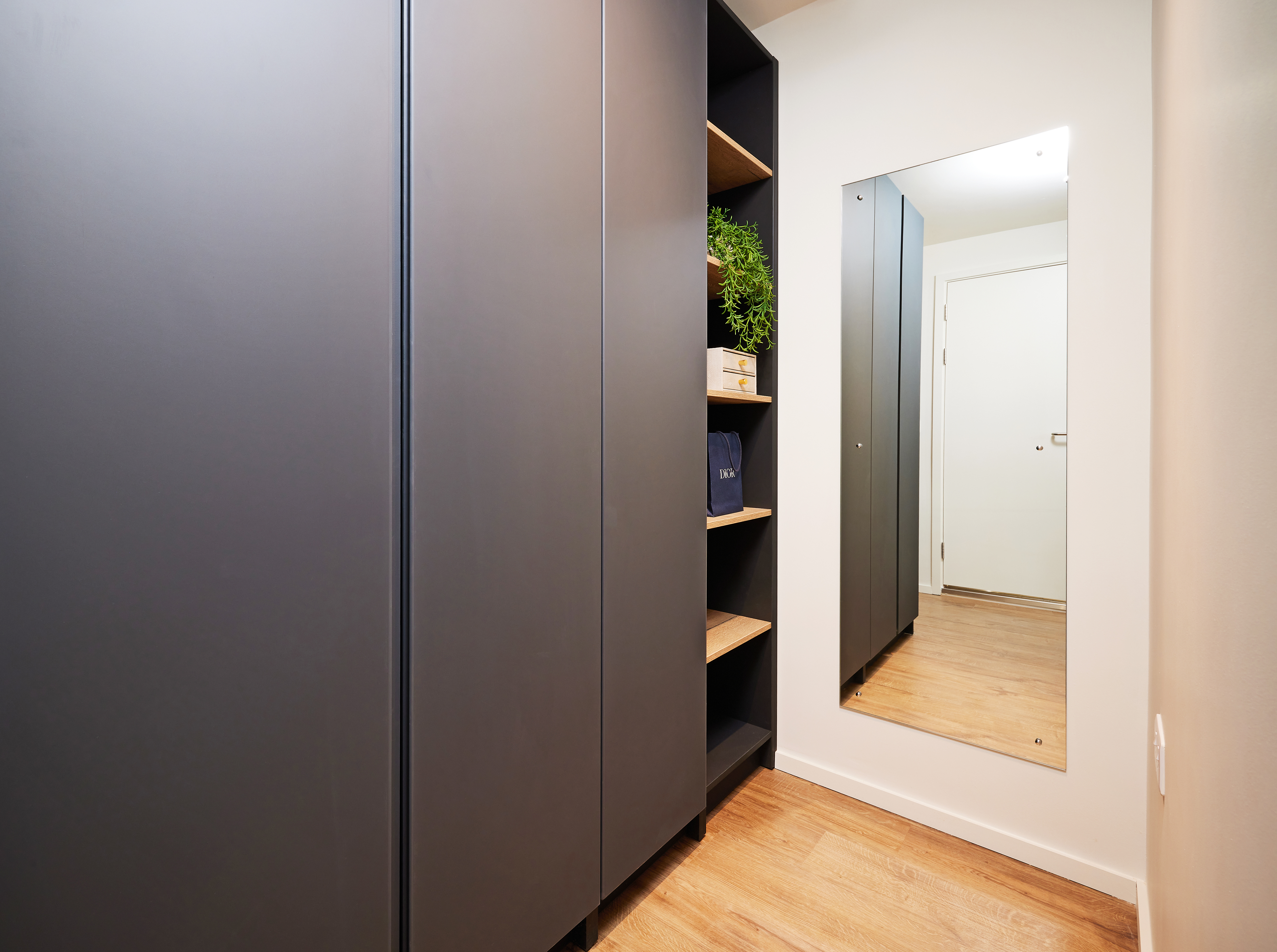 A modern hallway with dark gray cabinets on the left and wooden shelves holding a plant and books. A large mirror on the right reflects light, akin to the gleam of Copper Towers. The wooden floor adds warmth, guiding you to a closed white door.