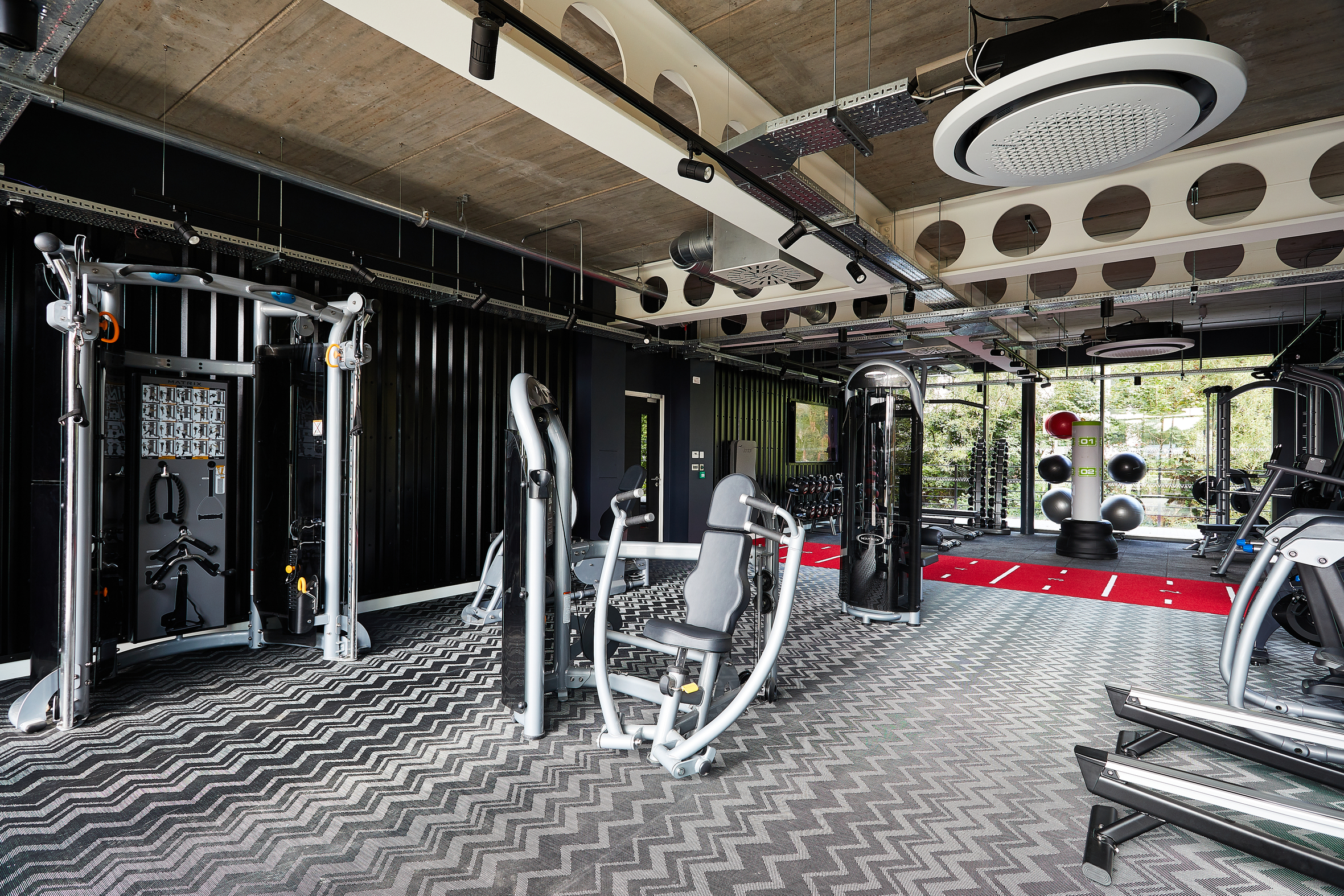Modern gym interior with various workout machines, including weightlifting and cardio equipment. The floor has a zigzag pattern, and large windows let in natural light. There are red exercise balls and a view of greenery outside.