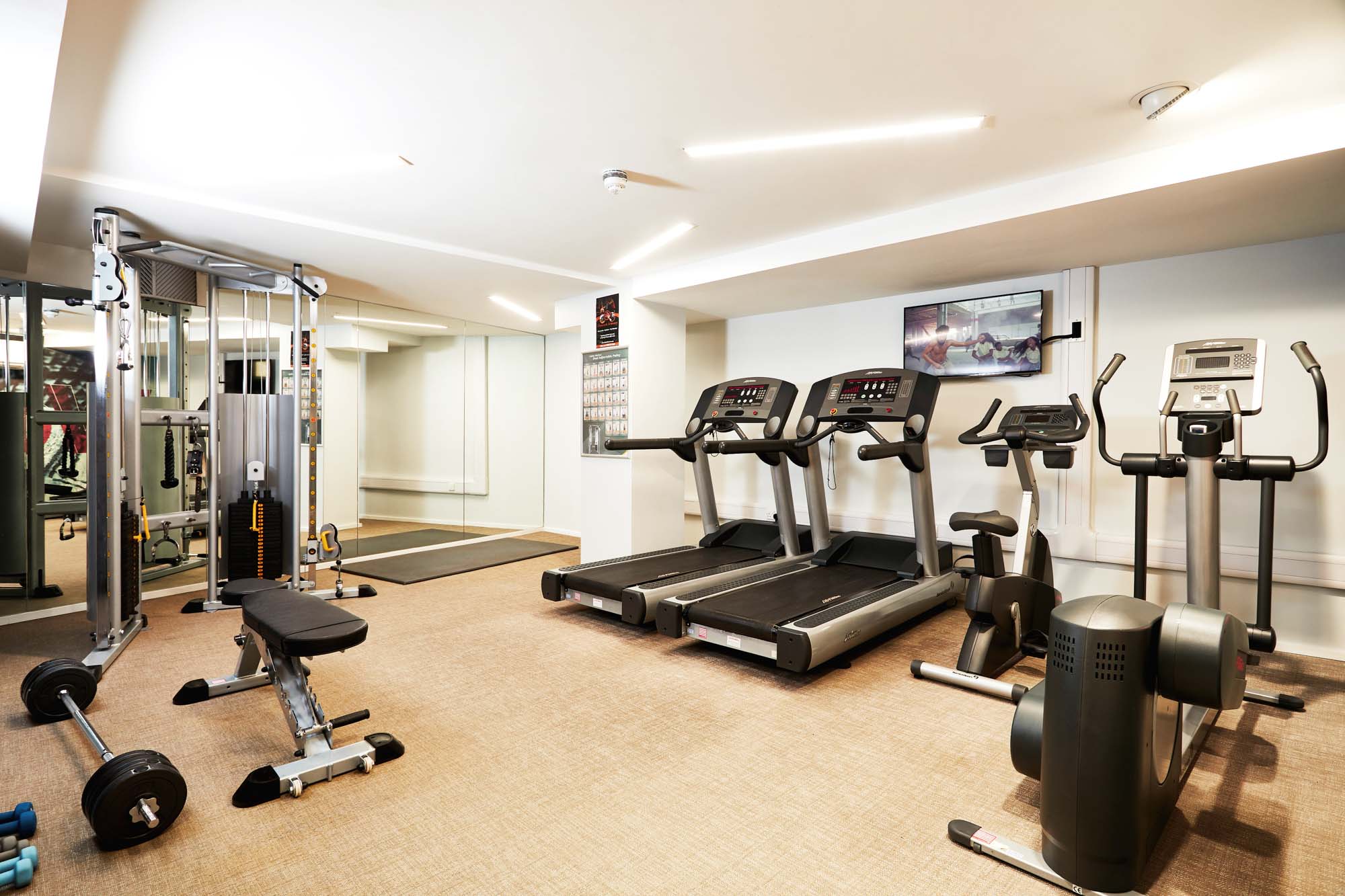 A brightly lit gym featuring two treadmills, an elliptical machine, and a rowing machine. A weight bench with dumbbells is on the left, along with a multi-station gym machine. Mirrors line the wall, enhancing the spacious feel.