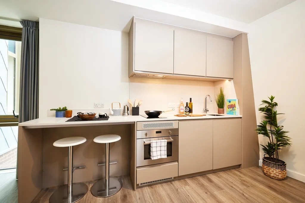 Modern kitchen with light wood cabinets, built-in oven, sink, and stovetop. Two white bar stools sit at a small counter, and a potted plant and kitchenware decorate the space. Light wood flooring and a window are visible.