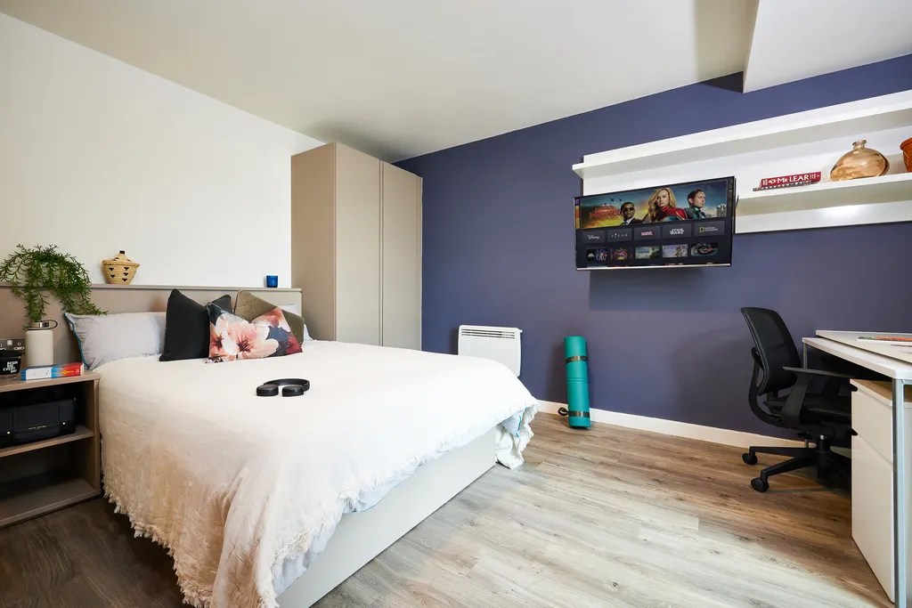 A modern bedroom with a double bed, nightstand, and plant, facing a wall-mounted TV. There’s a blue accent wall, yoga mat, desk with chair, shelves, and wooden floor. The room appears tidy and bright.