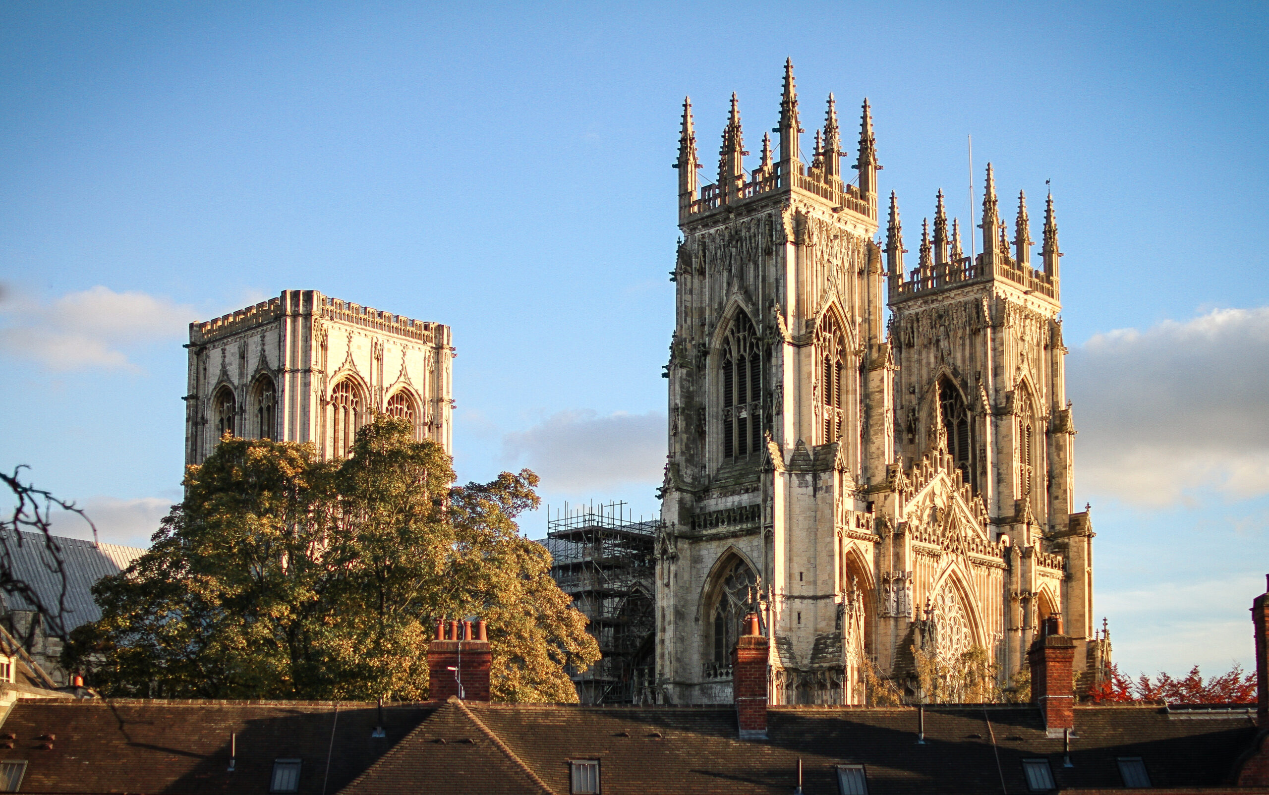 A historic cathedral with two tall, ornate towers featuring intricate Gothic architecture, stands against a clear blue sky. Tree foliage partially obscures part of the structure. Rooftops are visible in the foreground.