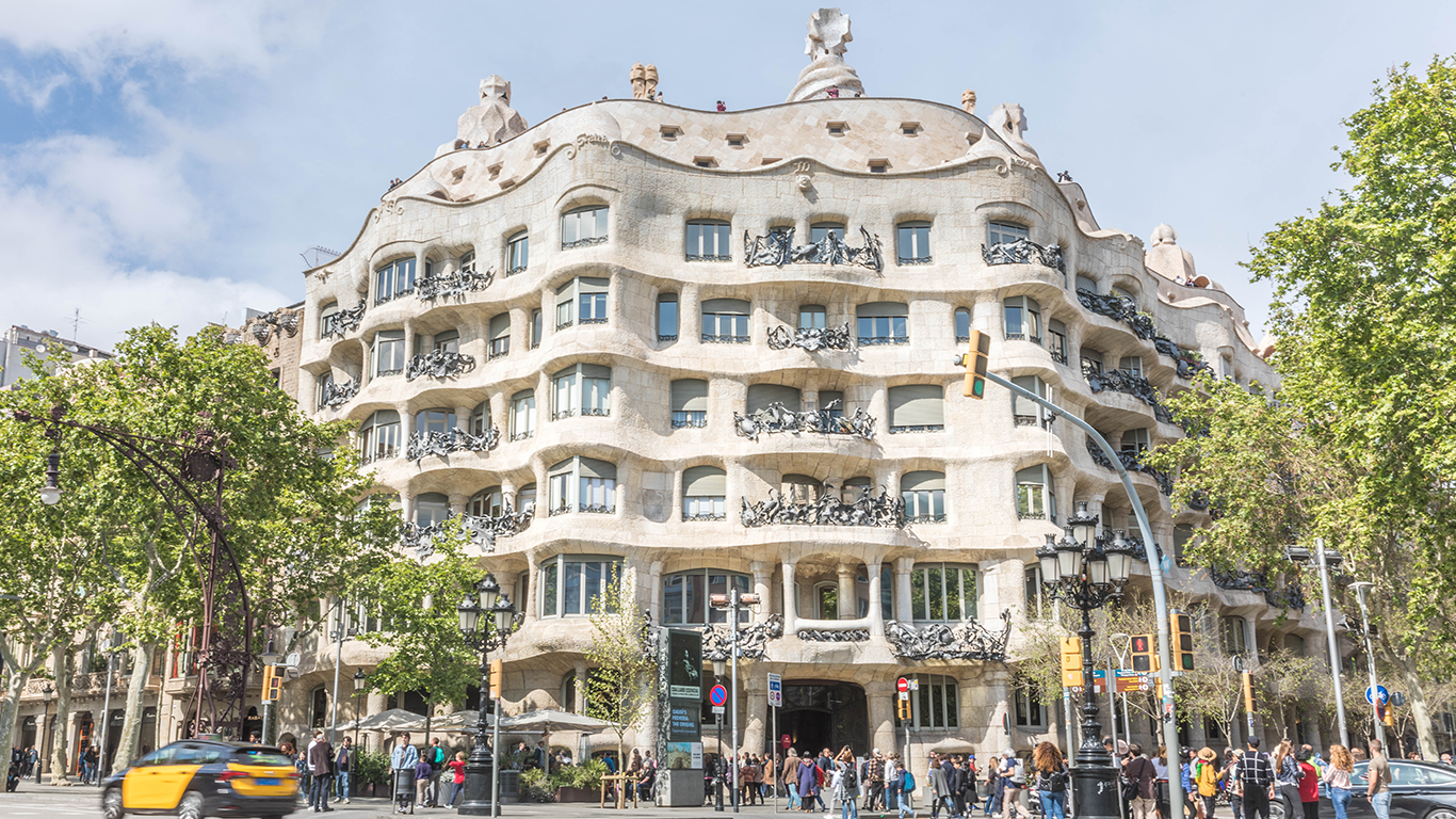 A large, uniquely designed building with a wavy stone facade and intricate wrought iron balconies stands prominently. In front, among trees and a crowd of people exploring things to do, a taxi waits by the traffic lights. The sky is partly cloudy, completing the charming scene near Vita Student Pedralbes.