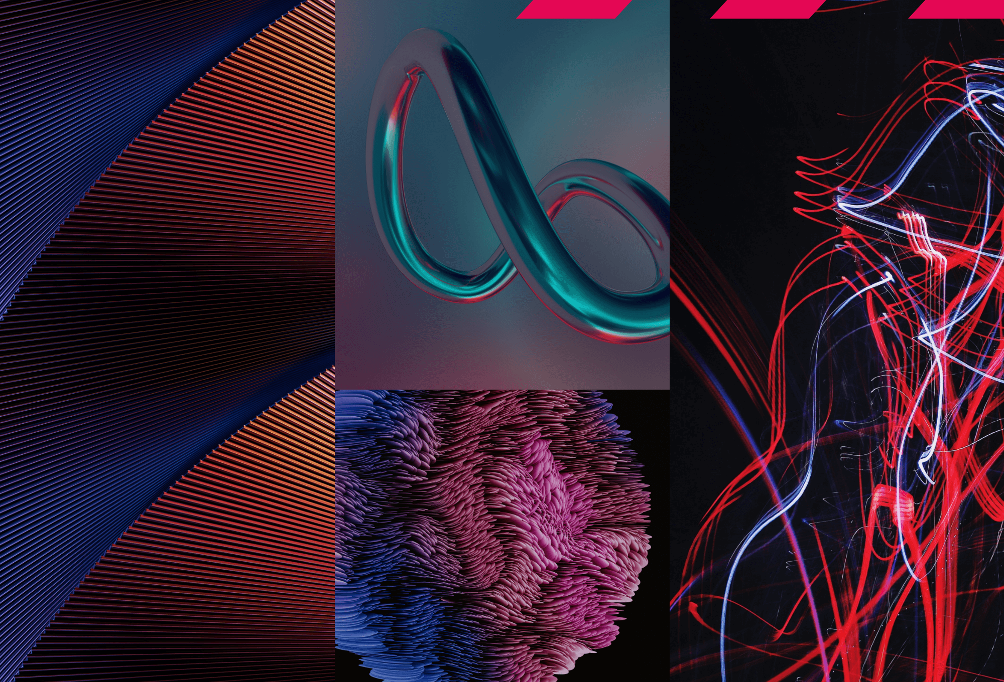 Abstract image with four sections: curved red and blue lines, a twisting teal and red structure, wavy purple textured surface, and looping red and white light trails on a dark background.