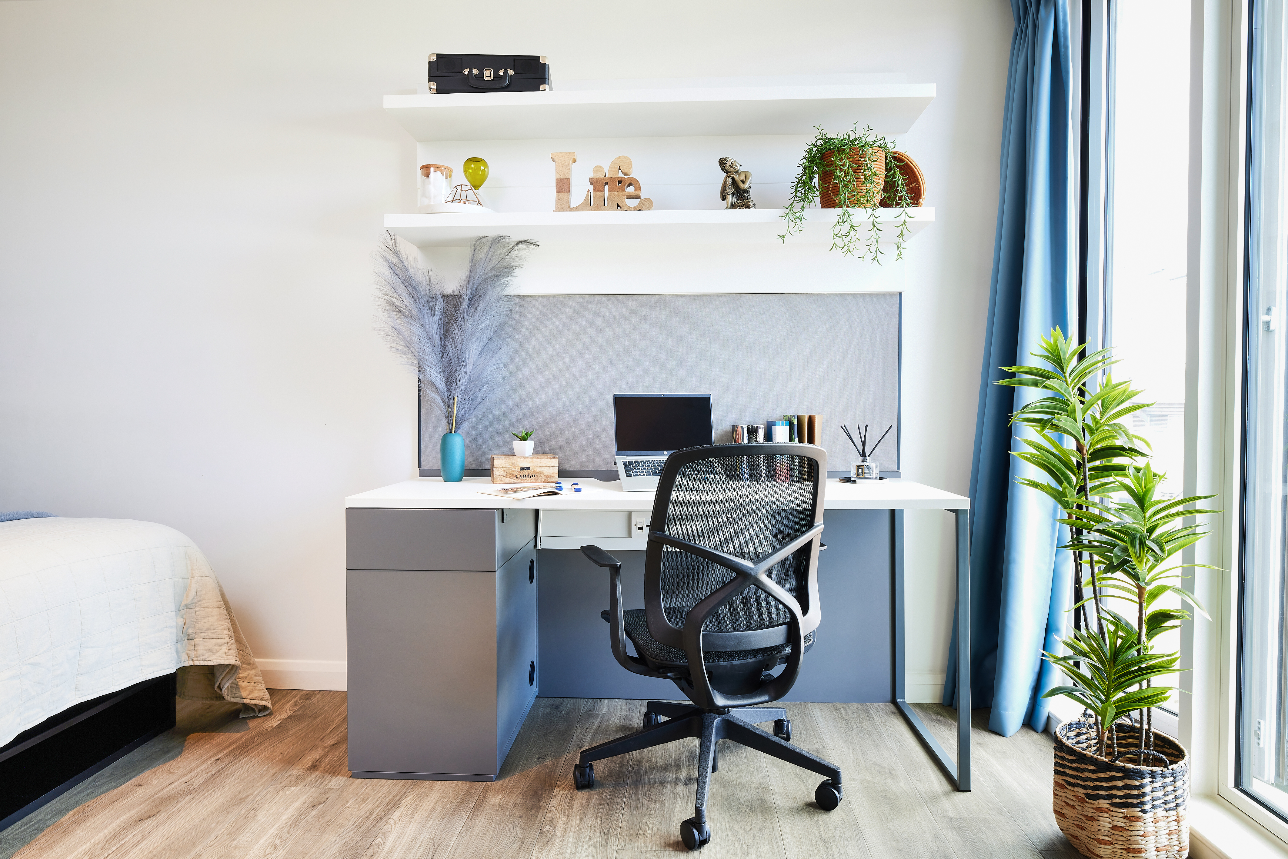 A modern home office setup at Strawberry Place features a desk with a black chair and laptop. Shelves above display plants, books, and decor items. A floor plant sits on the right, while a window with blue curtains allows natural light to illuminate the wood floor.