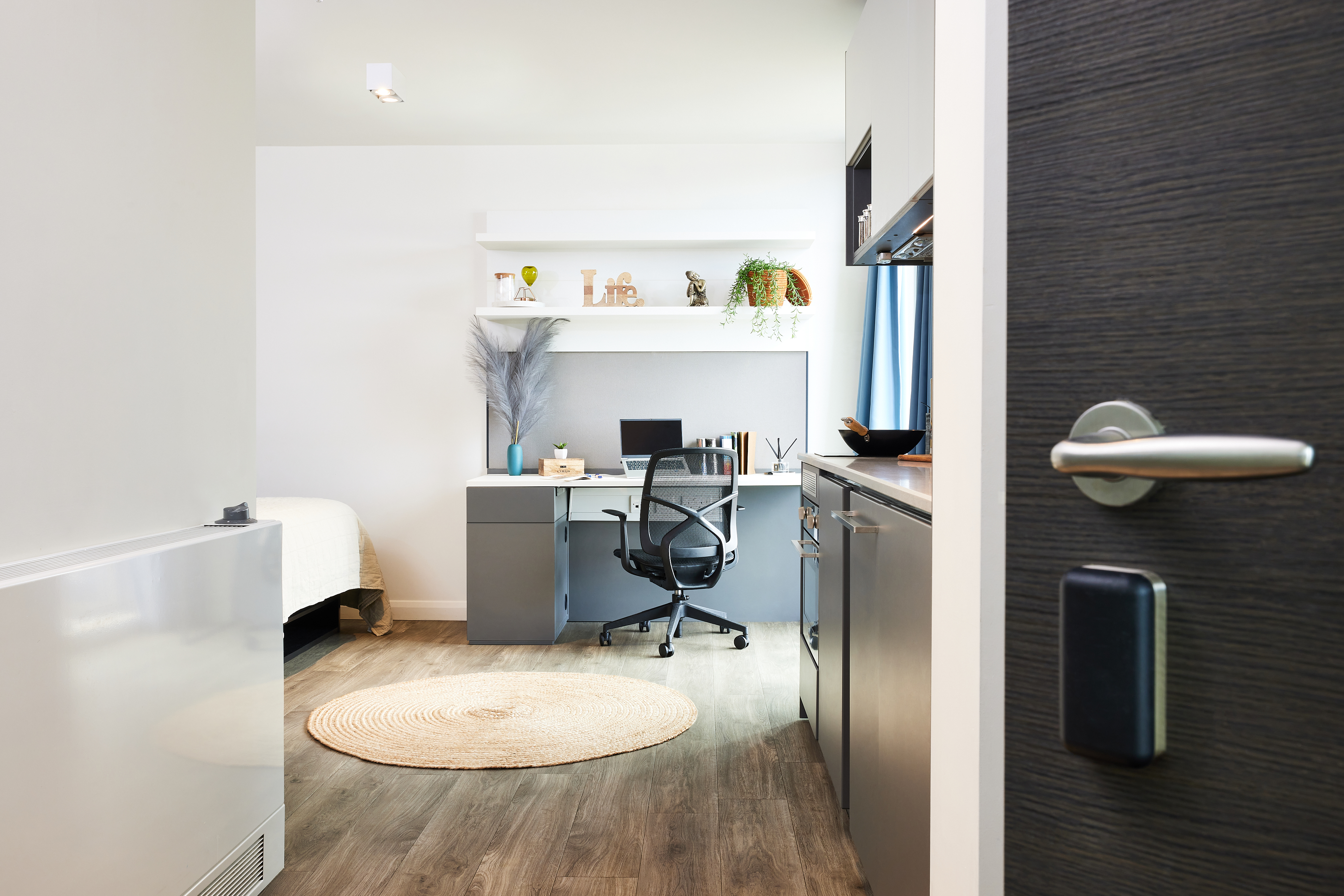 The modern room on Strawberry Place features a minimalist desk setup with a laptop, surrounded by plants on shelves above. A circular rug adorns the wooden floor. To the left, a bed is partially visible, and an open door leads to new discoveries just beyond.