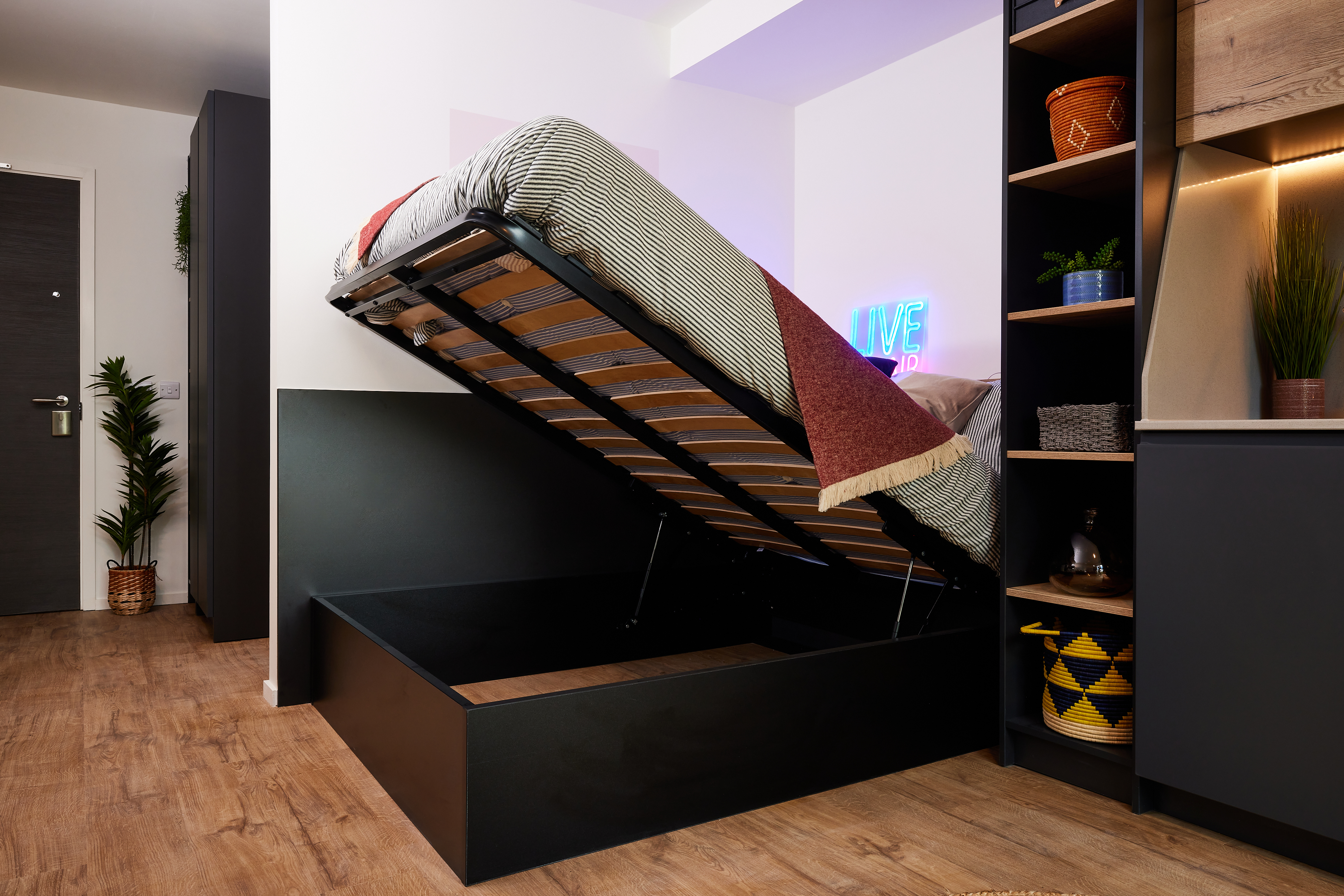 A modern bedroom in Cannon Park boasts a raised platform bed revealing storage space beneath. The room features Warwick wood flooring, a neon sign on the wall, lush plants, and open shelving adorned with decorative items.