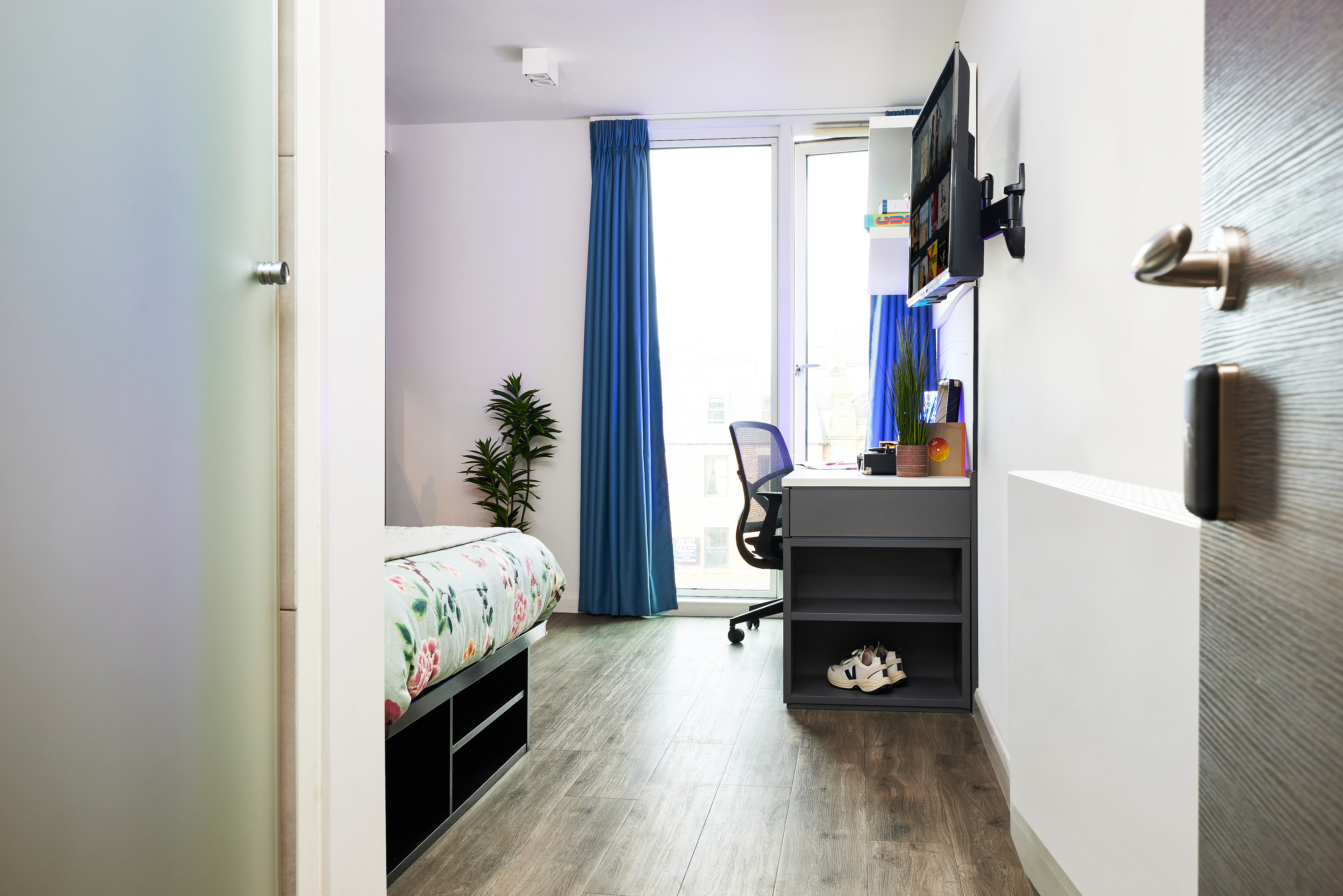 A modern bedroom with a bed on the left, featuring floral and strawberry-patterned bedding. A desk with a chair and TV is on the right. Blue curtains frame a large window at the back, bringing light into this cozy place. A small plant and shoes are also visible.