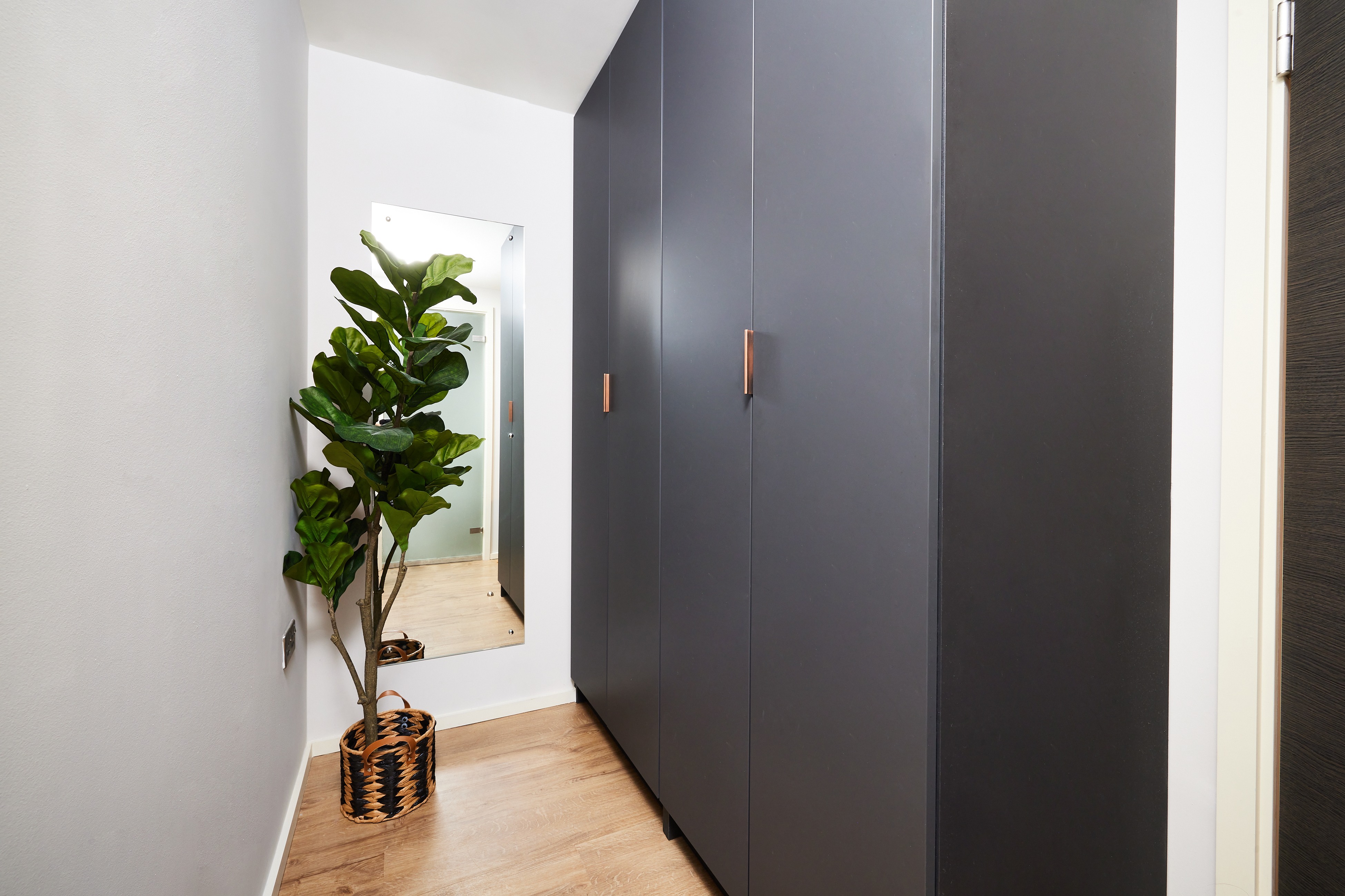 A narrow hallway with wooden flooring features a tall, dark wardrobe on the right and a potted plant in a woven basket on the left. A large rectangular mirror at the end reflects part of the space, enhancing the room's depth.