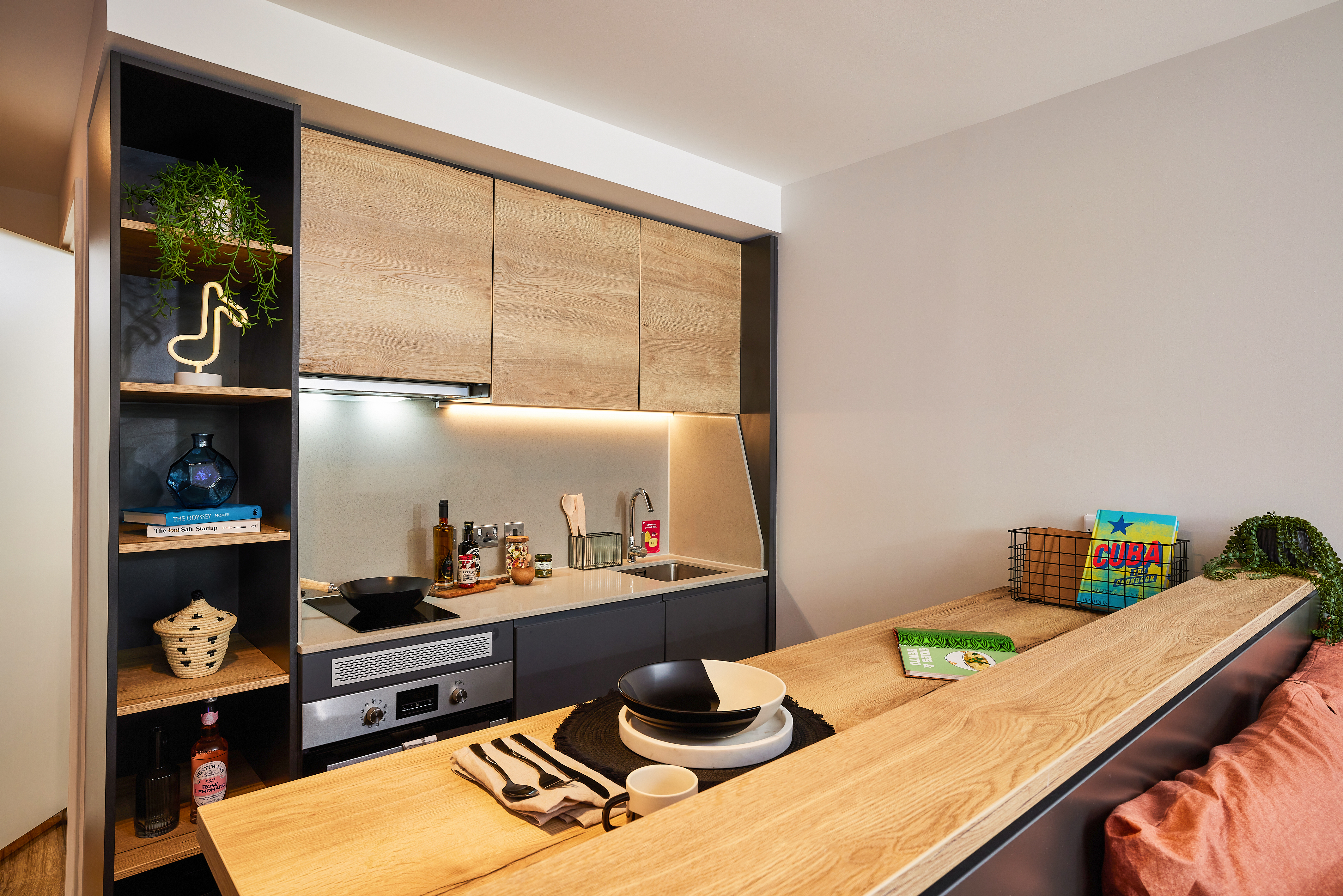 Compact modern kitchen with wooden cabinets, open shelves with decor, and a countertop. Kitchenware and cooking essentials are neatly arranged. A plant and a colorful box sit atop the Crescent-inspired counter dividing the kitchen from the Portland-style living area.