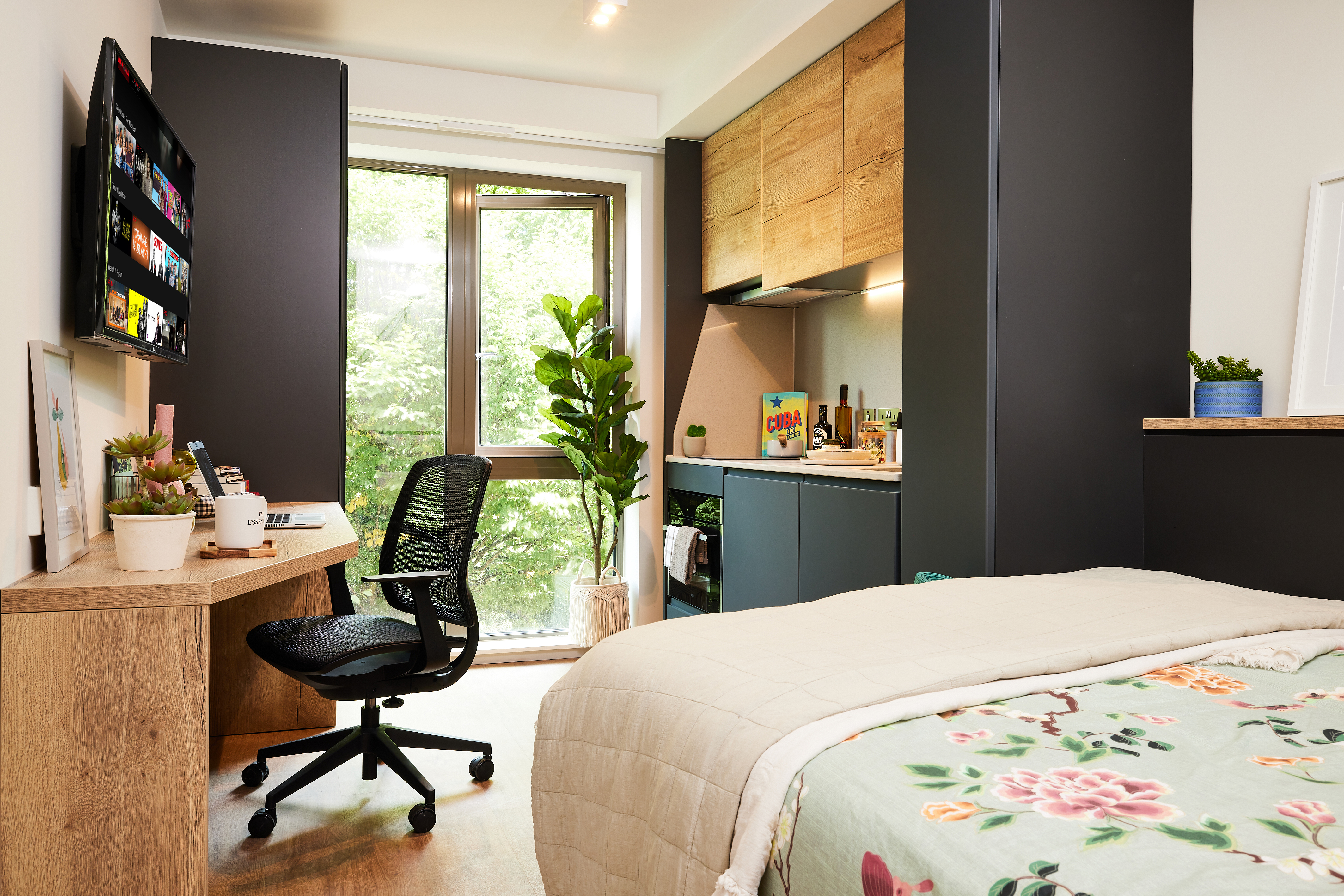 A cozy bedroom in Warwick features a bed adorned with a floral blanket. A desk with a swivel chair and a monitor displaying colorful icons sits nearby, alongside potted plants. The corner kitchenette boasts wooden cabinets, while the large window frames Cannon Park's lush greenery outside.
