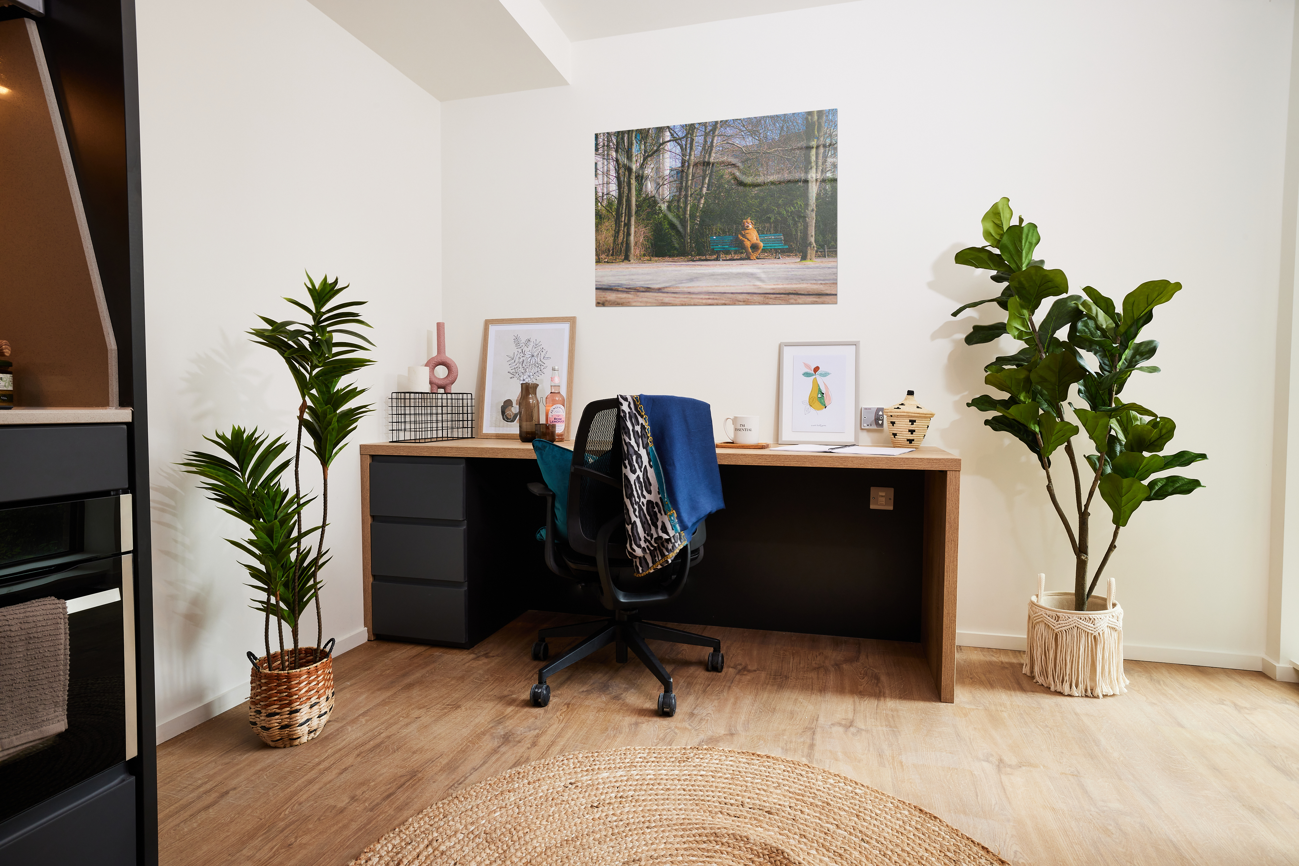 A tidy home office in Warwick features a wooden desk, swivel chair, and computer. Decor includes framed art, a woven plant basket with a tall plant, and a smaller potted plant. A large wall photo hangs above, while a circular rug rests on the wooden floor, offering a serene Cannon Park-inspired vibe.