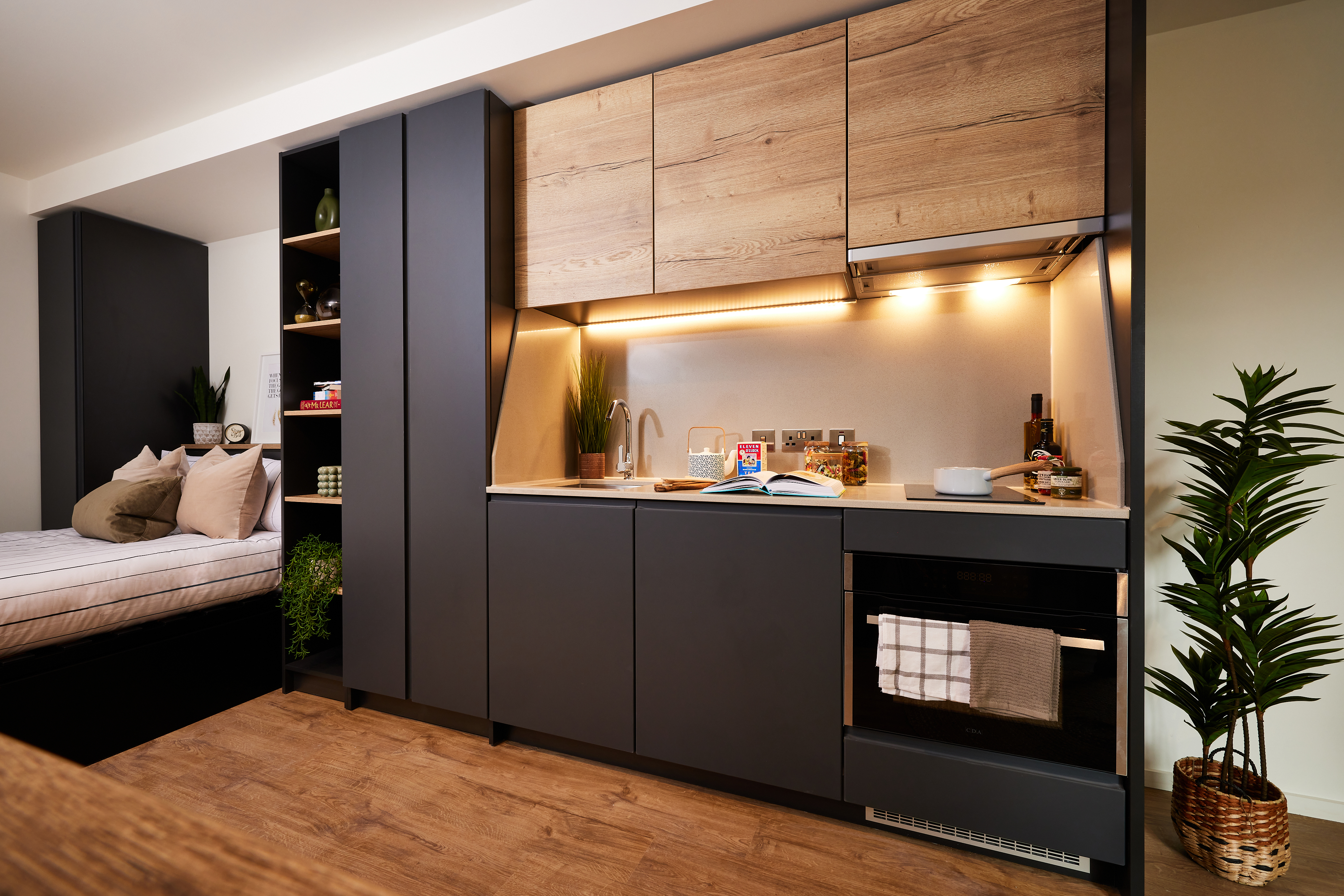 Modern studio apartment near Cannon Park with a compact kitchen featuring black cabinets, wood accents, and under-cabinet lighting. A bed with beige and brown pillows is on the left. A potted plant stands on the right, and the floor is light wood. Perfect for those seeking a chic Warwick lifestyle.