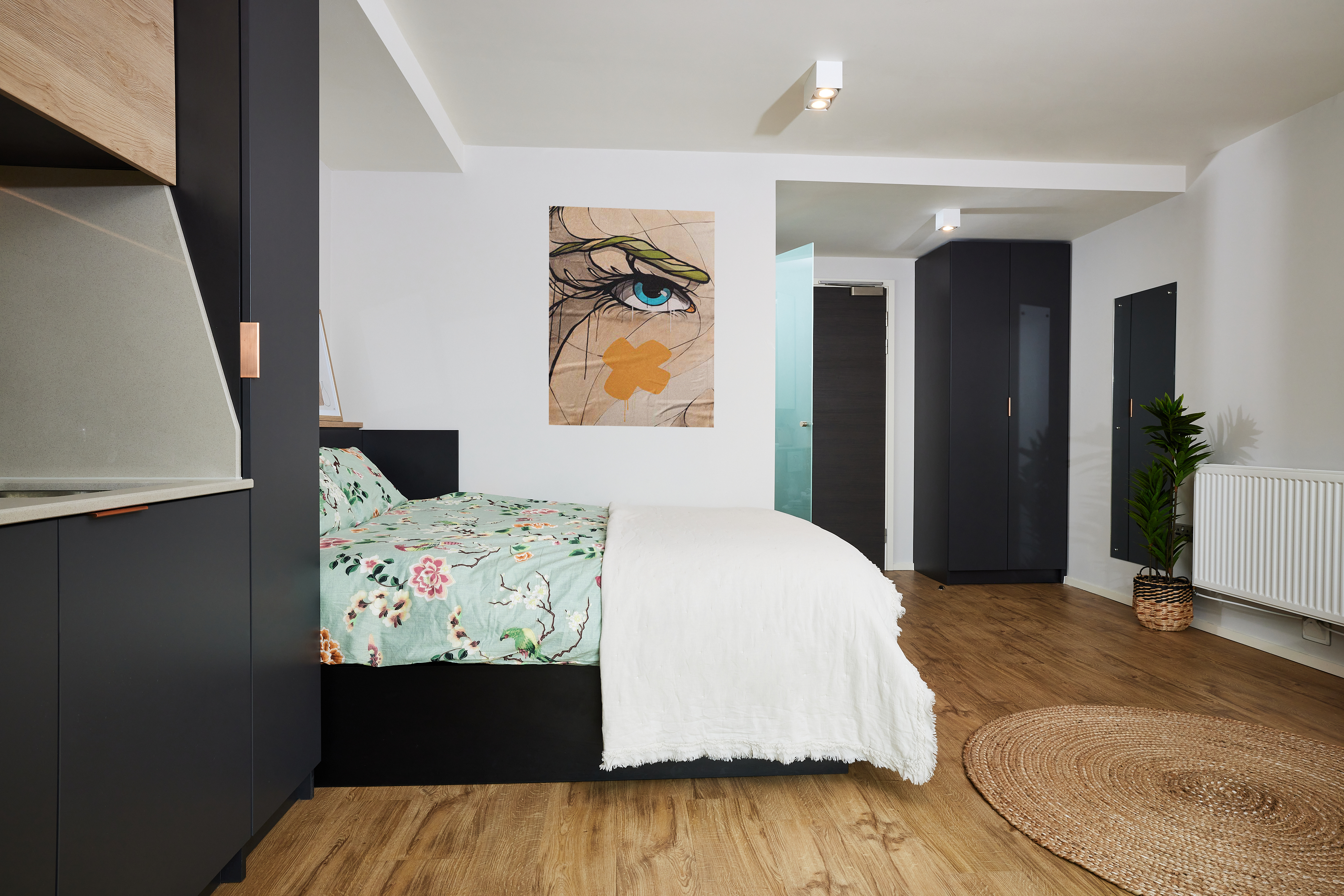 Modern bedroom with a large bed featuring floral bedding. A painting of an eye with a leaf is on the white wall. The room has dark cabinets, wooden flooring, a round woven mat, and a potted plant for decor.