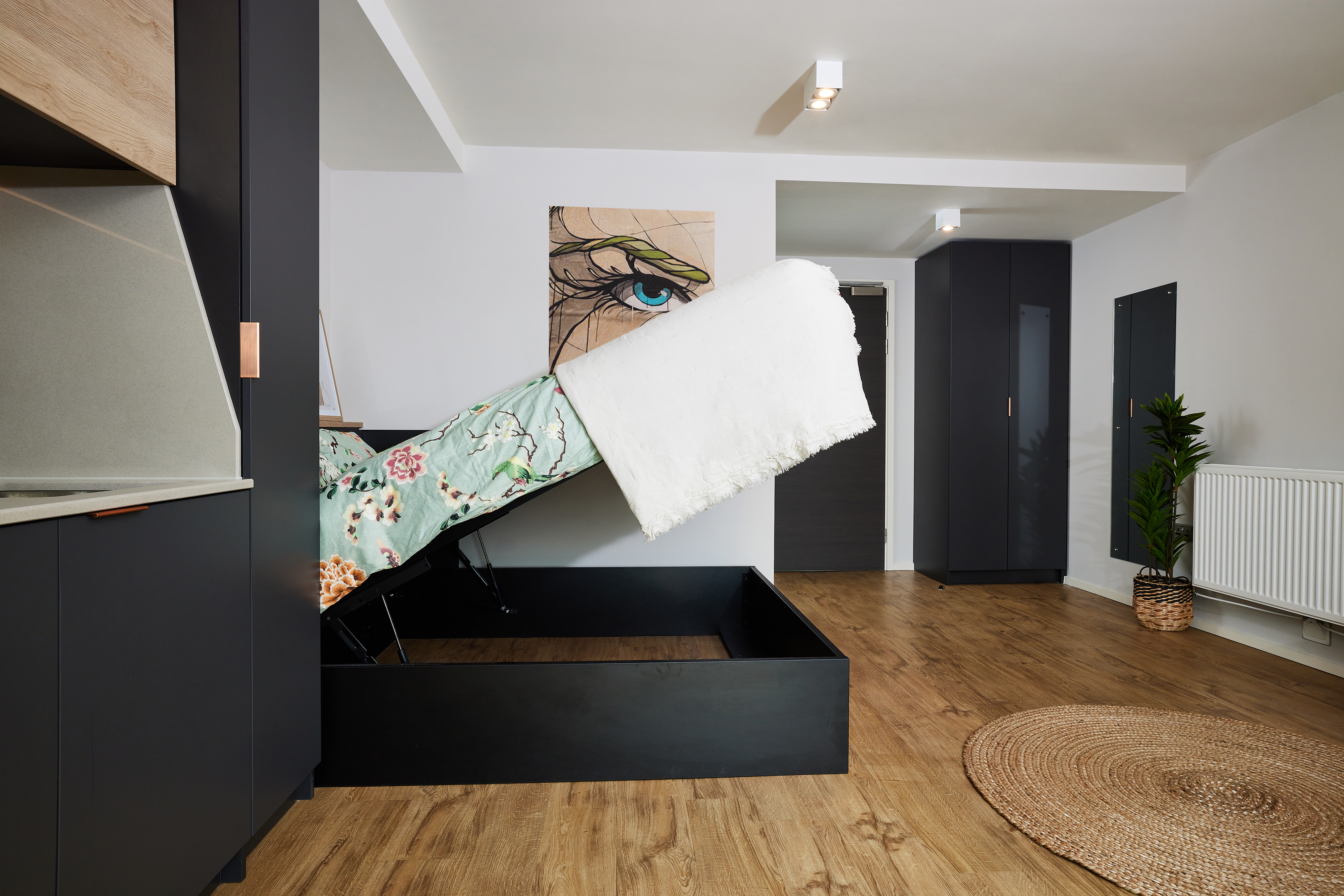 A modern room features a foldable bed being lifted into a black wall unit. The room has wooden flooring, dark cabinets, a round rug, a potted plant, and a painting of an eye on the wall.