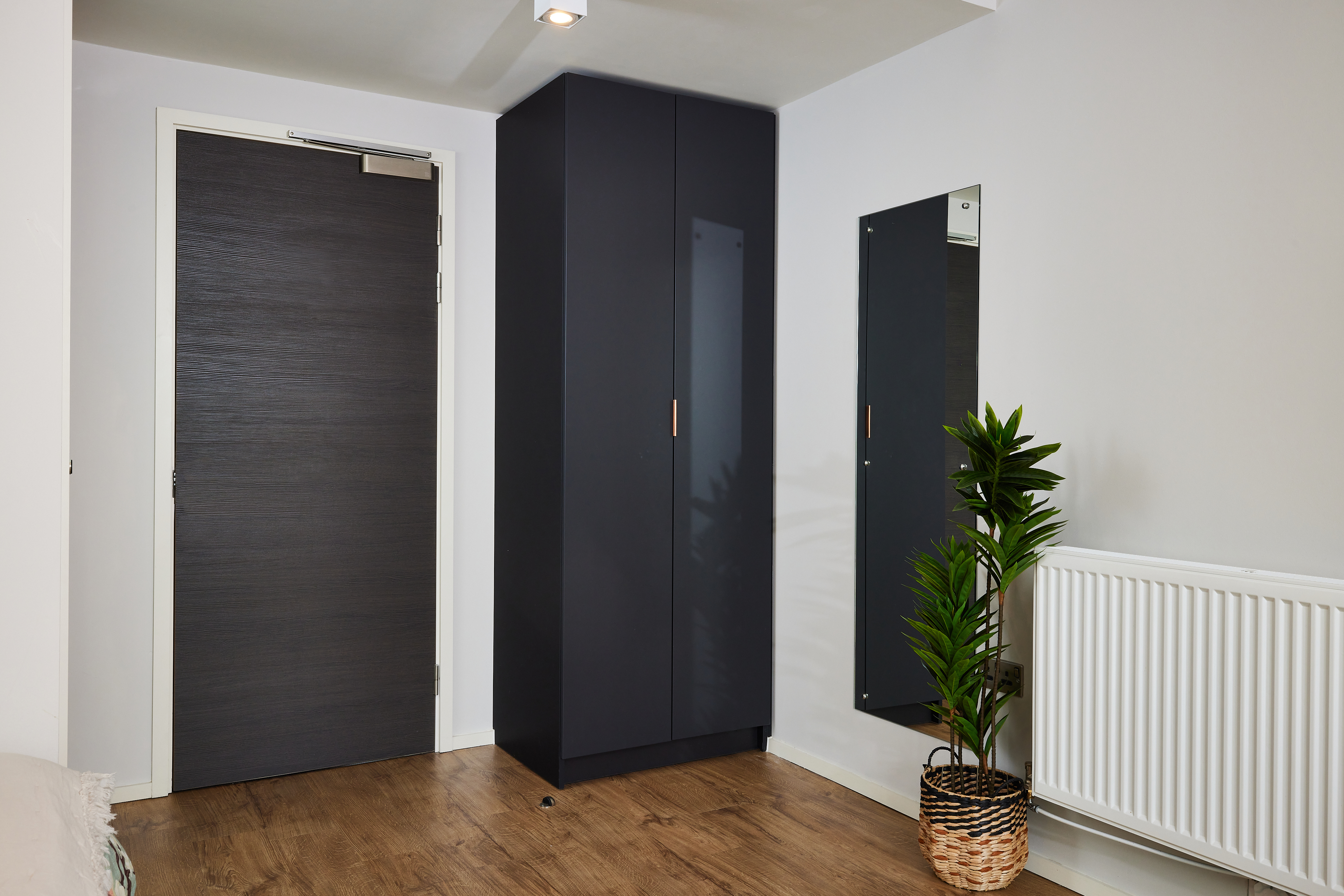 Corner of a room featuring a black wardrobe, a full-length mirror attached to the wall, and a potted plant next to a white radiator. The door is closed, and the floor has wood-style vinyl flooring.