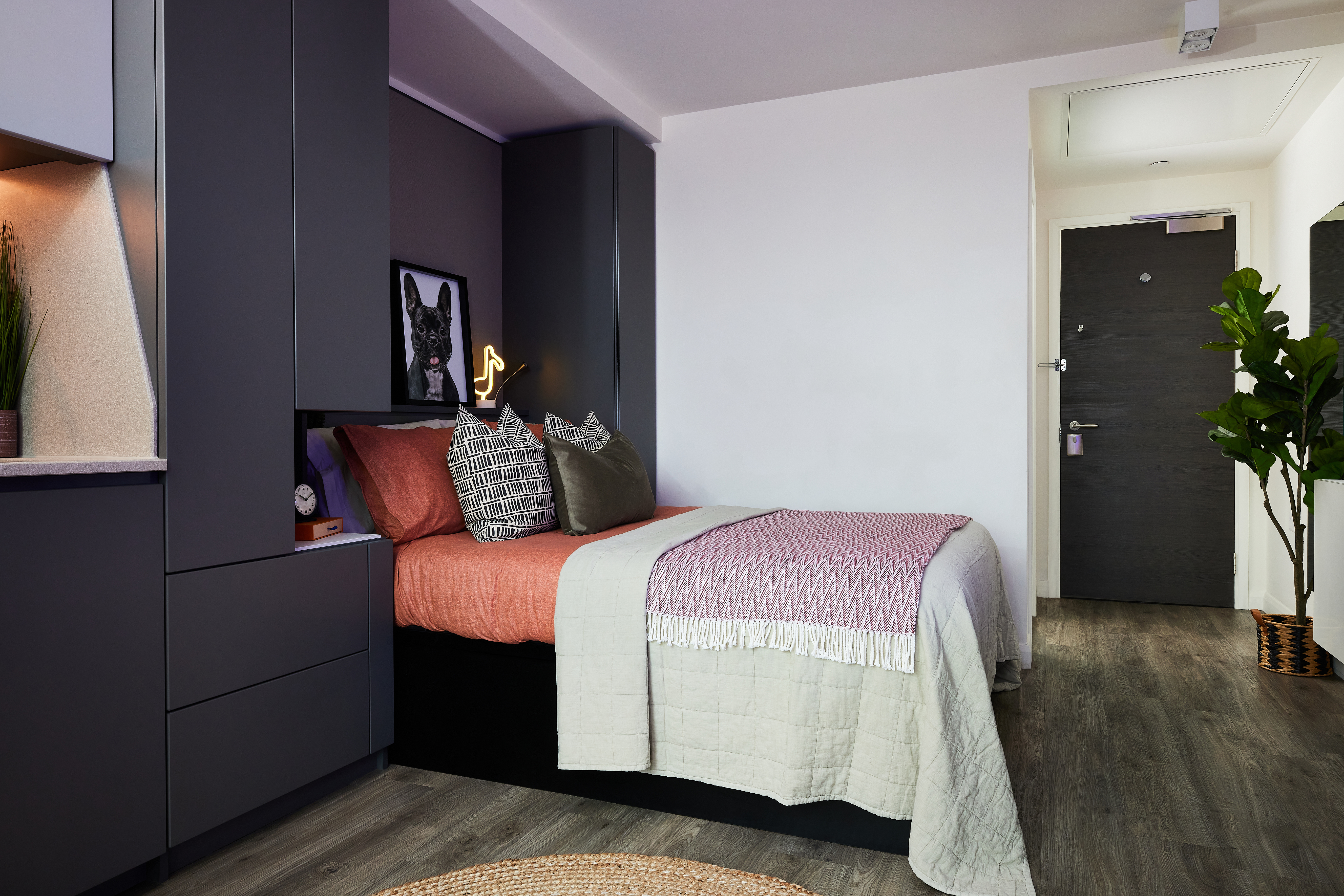 A modern bedroom with a neatly made bed featuring pink and beige bedding. Square decorative pillows and artwork adorn the space above the bed. Dark cabinets flank the bed, and a potted plant stands in the corner near a dark wooden door on light wood planks.