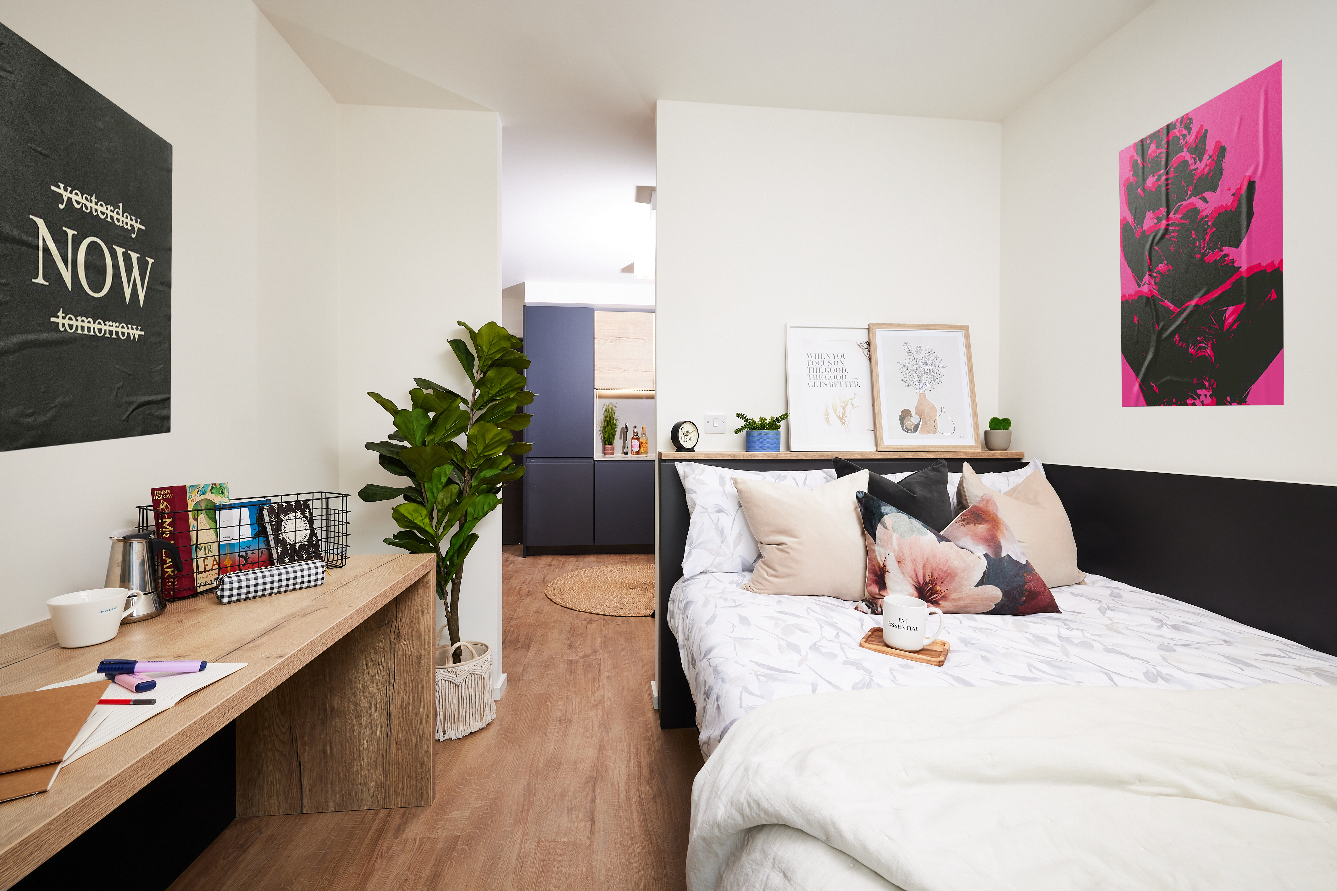 Step into this modern bedroom, where a large bed boasts patterned pillows and a white comforter. A wooden desk adorned with books, a plant, and a cup stands nearby. Framed artwork and a motivational poster grace the walls, while the door in the back invites you to explore more of Cannon Park.