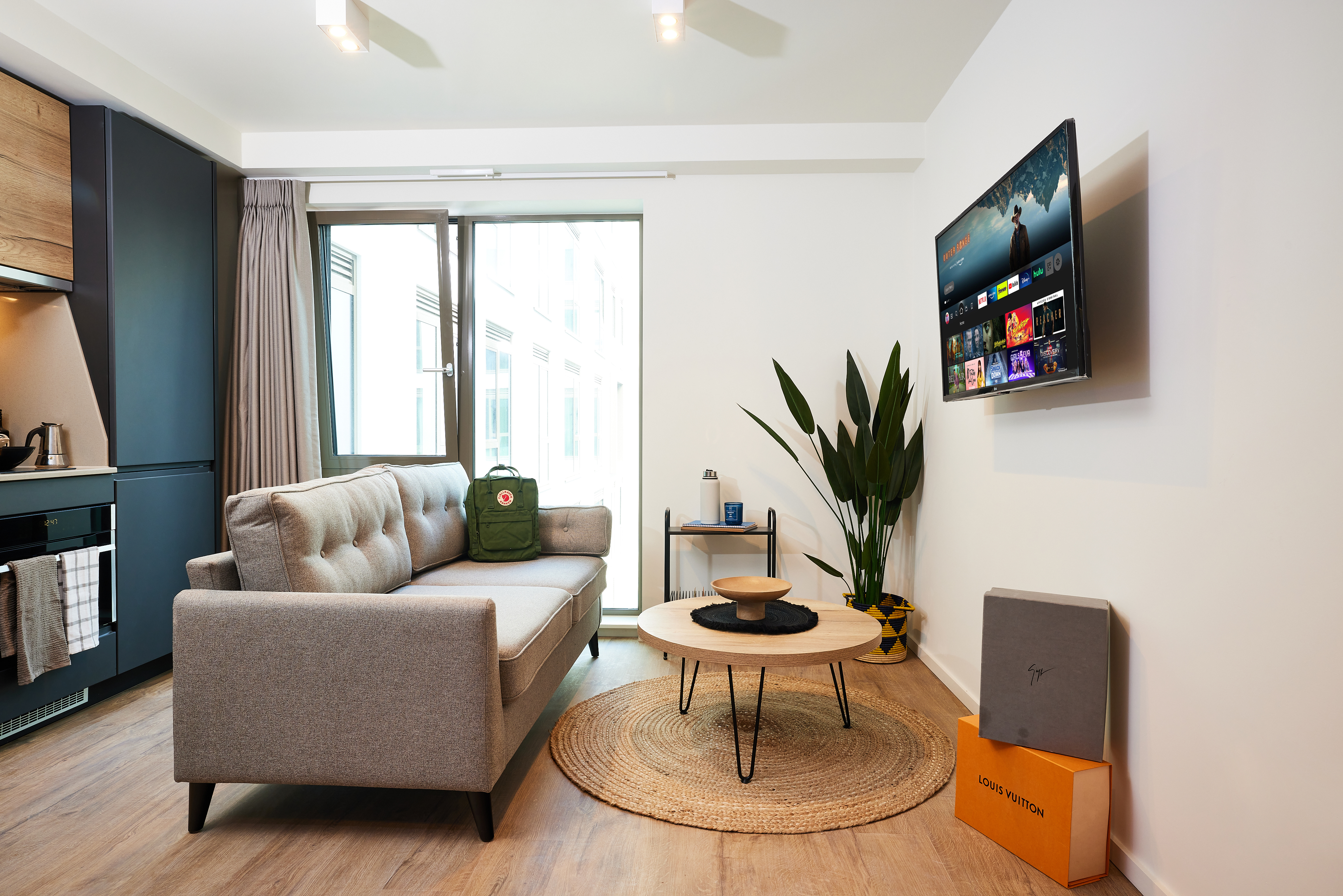 This modern living room in Warwick features a grey sofa, wall-mounted TV, and a round wicker rug. A small wooden coffee table holds decorative items. In the corner, a large plant and stacked designer boxes charm the space. The room enjoys a kitchenette and large windows with curtains, overlooking Cannon Park.