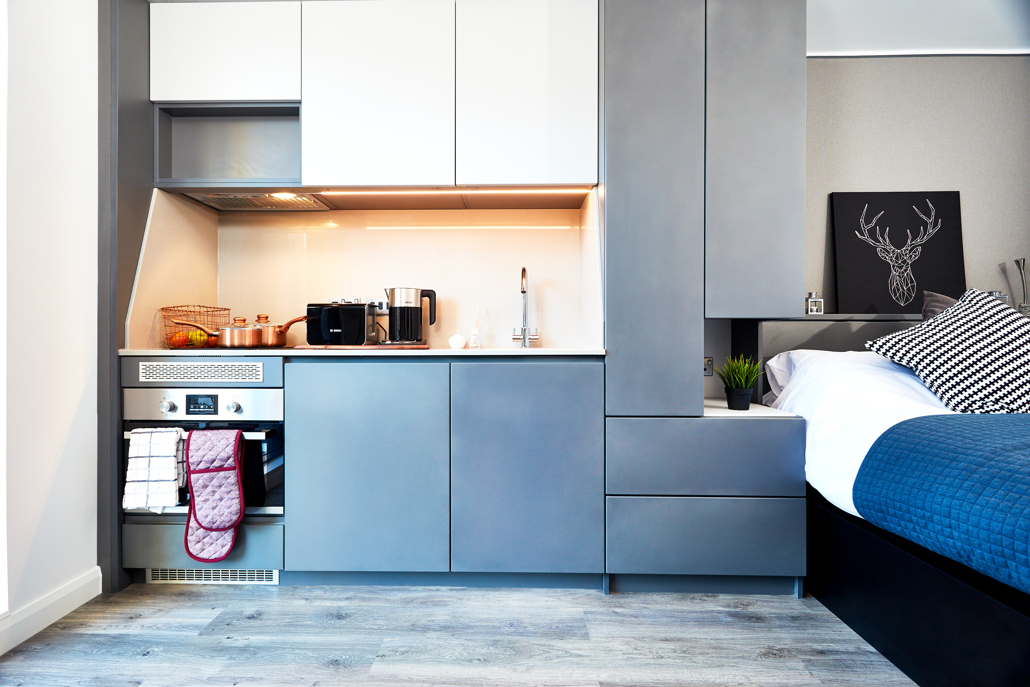 Modern compact kitchen with gray cabinets and integrated appliances. An oven with a towel, a toaster, kettle, and fruit basket on the counter. A bed with blue bedding is adjacent, and a stag head artwork decorates the wall. Light wood flooring.