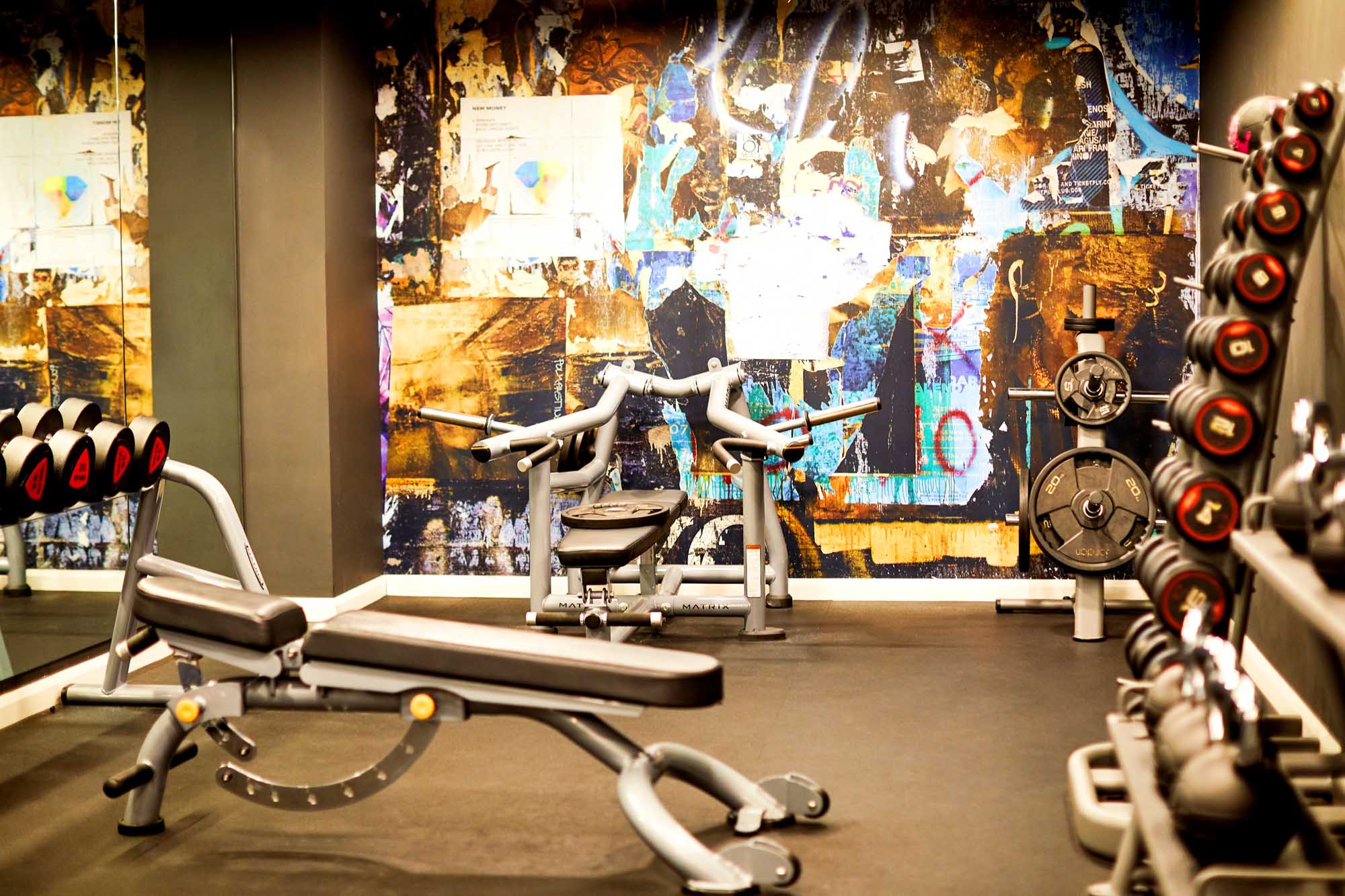 A vibrant gym offers a range of equipment including benches, a rack of dumbbells, and weight machines, all beneath a colorful abstract mural evoking the freshness of strawberries. The floor is covered with mats for safety and comfort during your workout.