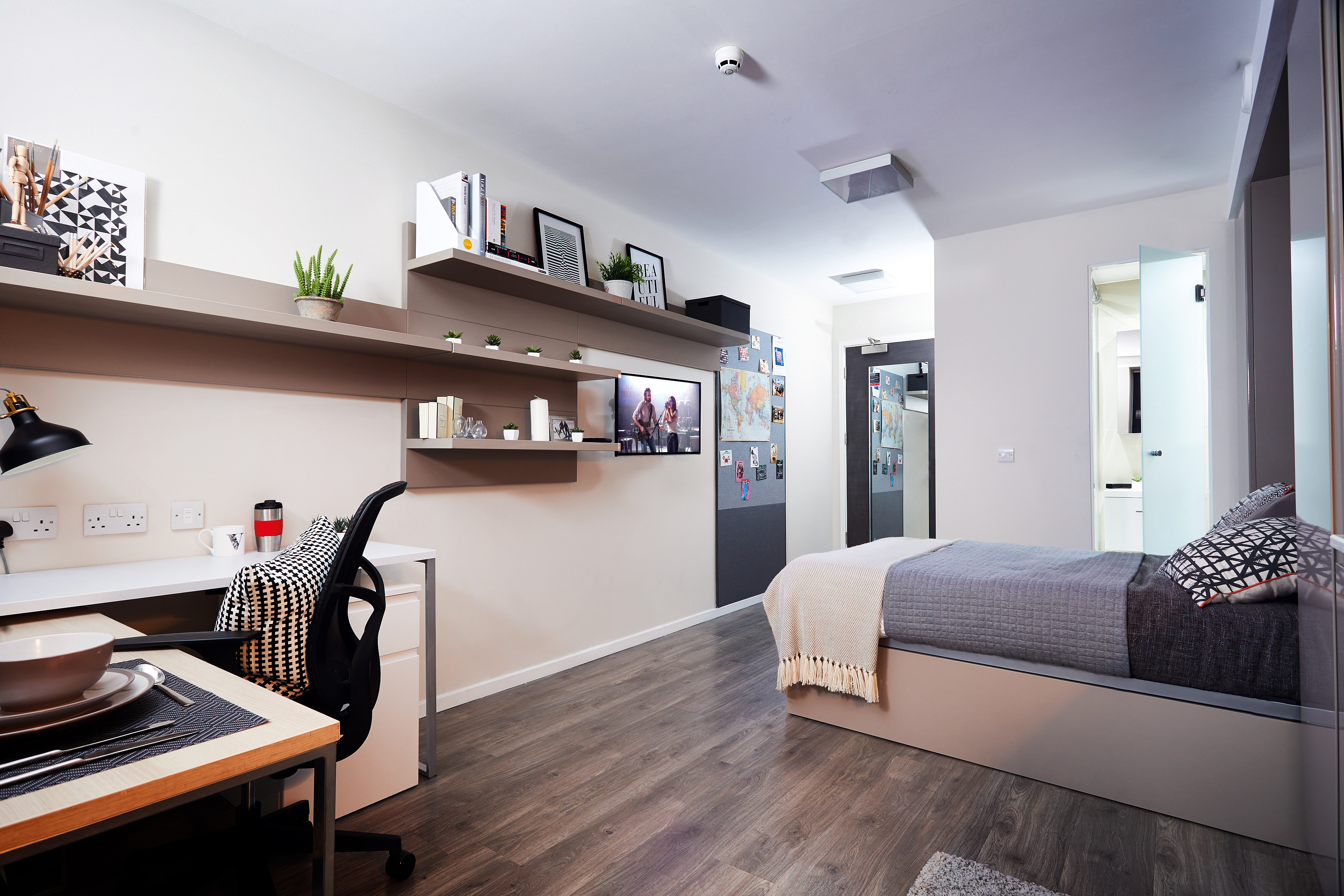 A modern, minimalist student accommodation features a bedroom with a bed on the right, a desk with a chair on the left, and shelves boasting chic decorations above. A wall-mounted TV adorns the far wall. The room flaunts wooden flooring and a sleek grey and white color scheme.