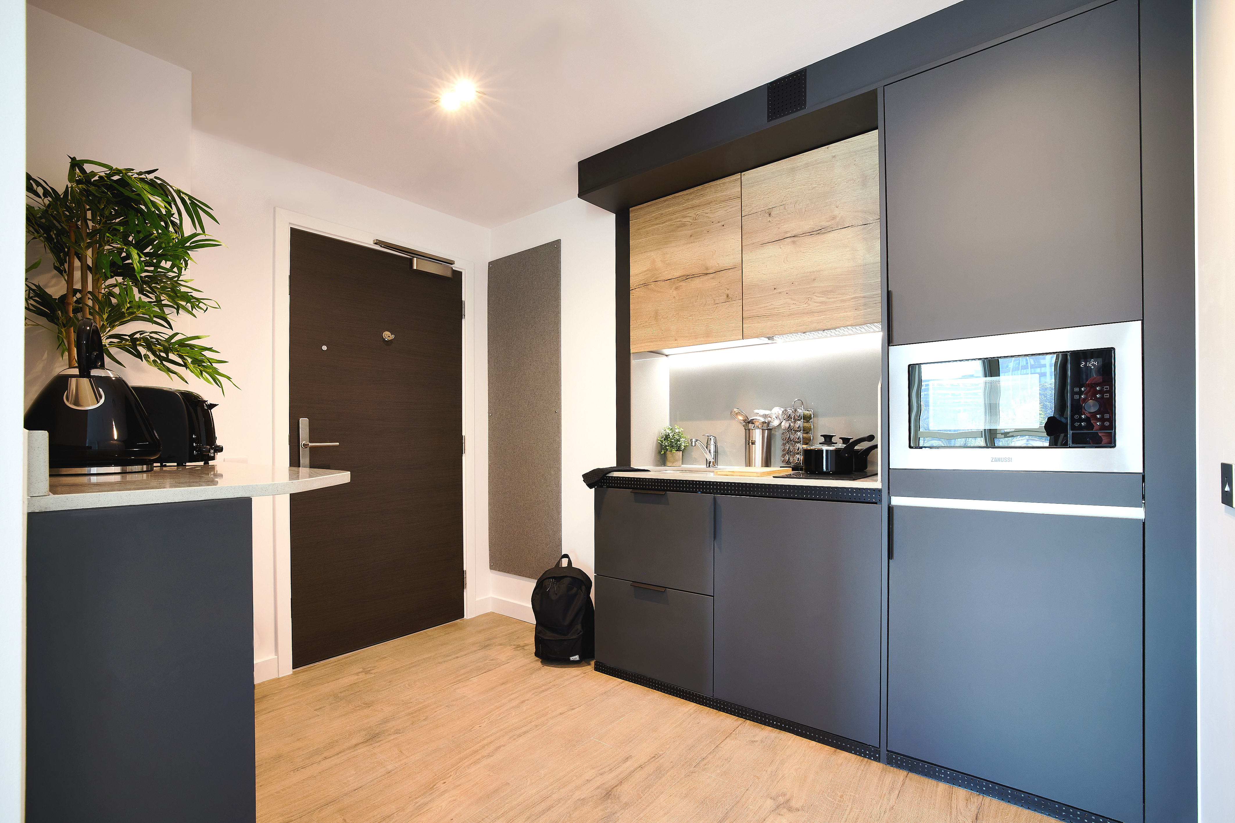 The modern kitchen in Lewisham features sleek grey cabinets, wood accents, and built-in appliances. A potted plant sits on the counter, and a backpack rests by the dark wooden door. Bright lighting and minimalist decor create a clean, contemporary look, perfect for any home exchange enthusiast.