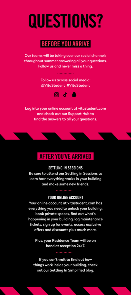 A vibrant infographic titled "QUESTIONS?" shares moving preparation tips and details for Vita Student Barcelona, including student accommodation info, social media for VitoStudent, settling-in sessions, online support, and 24/7 residence team.
