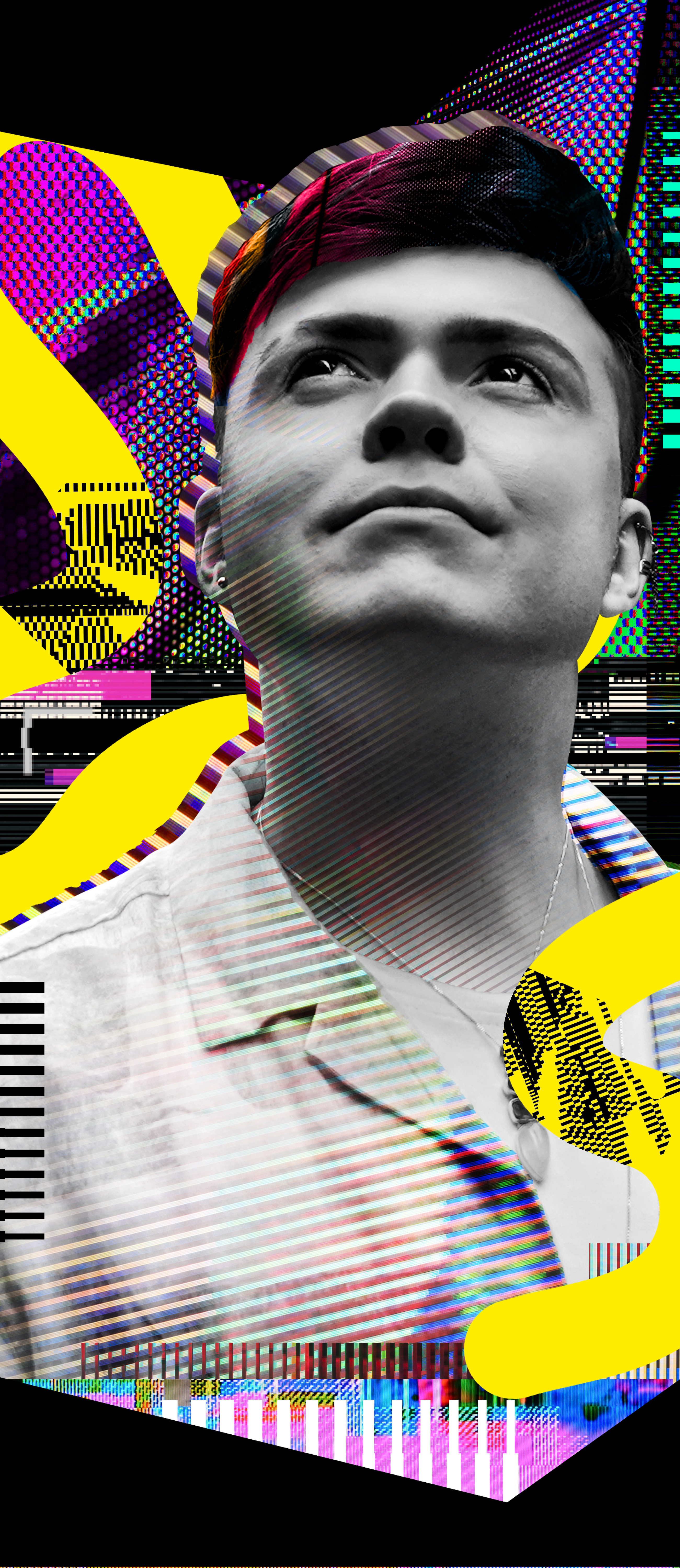 A man in a collared shirt gazes upward with a thoughtful expression, embodying the essence of Beyond Ambition. Vibrant abstract patterns and colorful geometric shapes overlay the black and white portrait, crafting a modern and artistic effect.