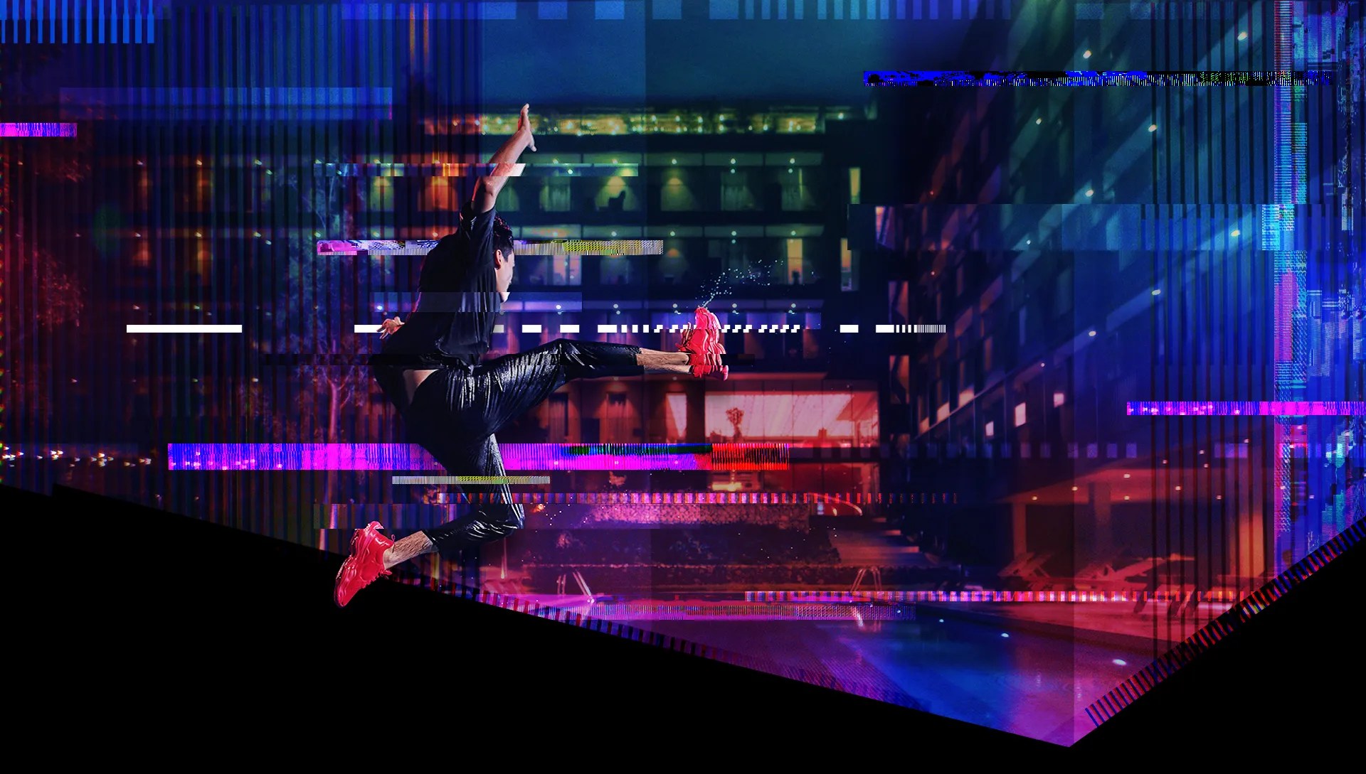 A dancer in mid-air, embodying a dynamic pose that transcends beyond ambition, enhanced by a colorful digital glitch effect. Set against a vibrant blend of city lights and modern architecture, the dancer dons black clothing and striking red shoes.