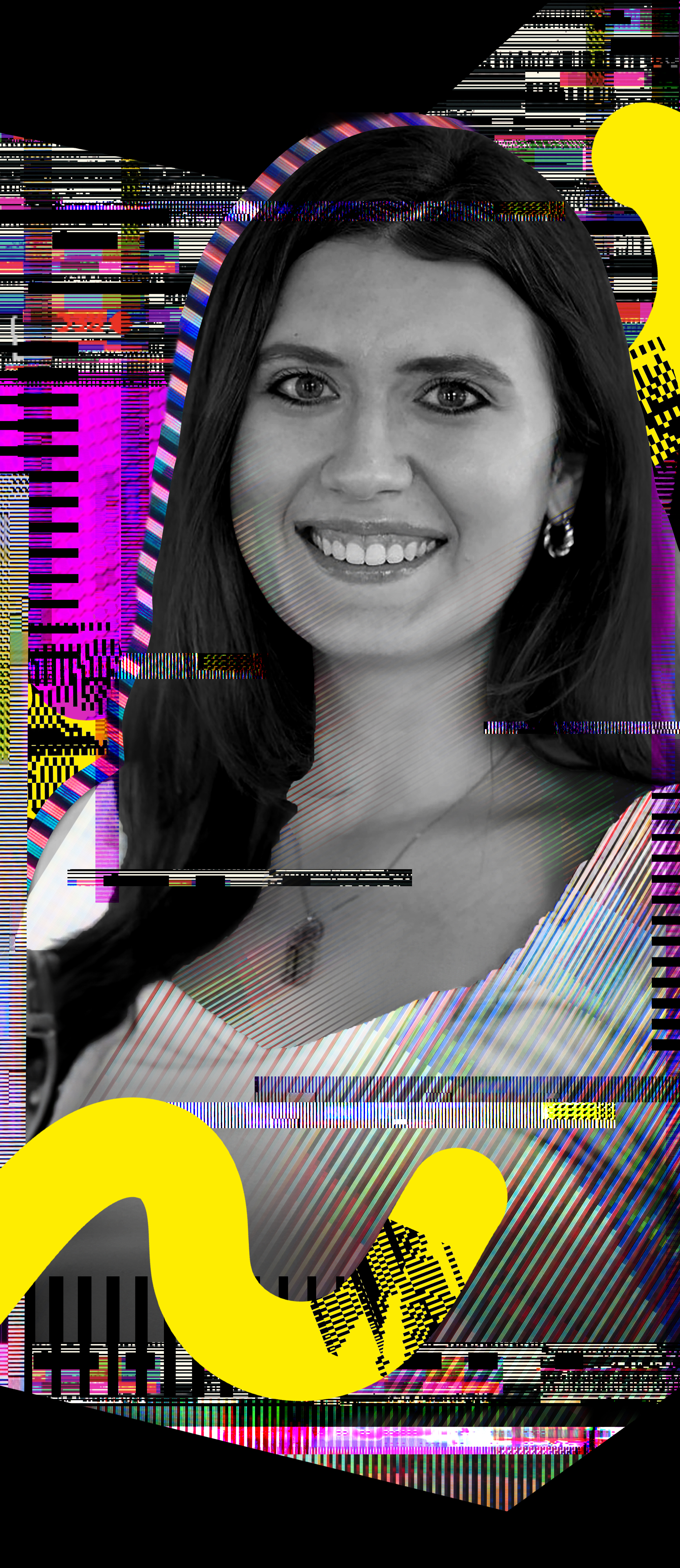A woman smiling in a digital art-style image with glitch effects. Beyond her, the background is a mix of vivid pinks, purples, blacks, and yellows, featuring geometric patterns and a prominent yellow squiggly line.