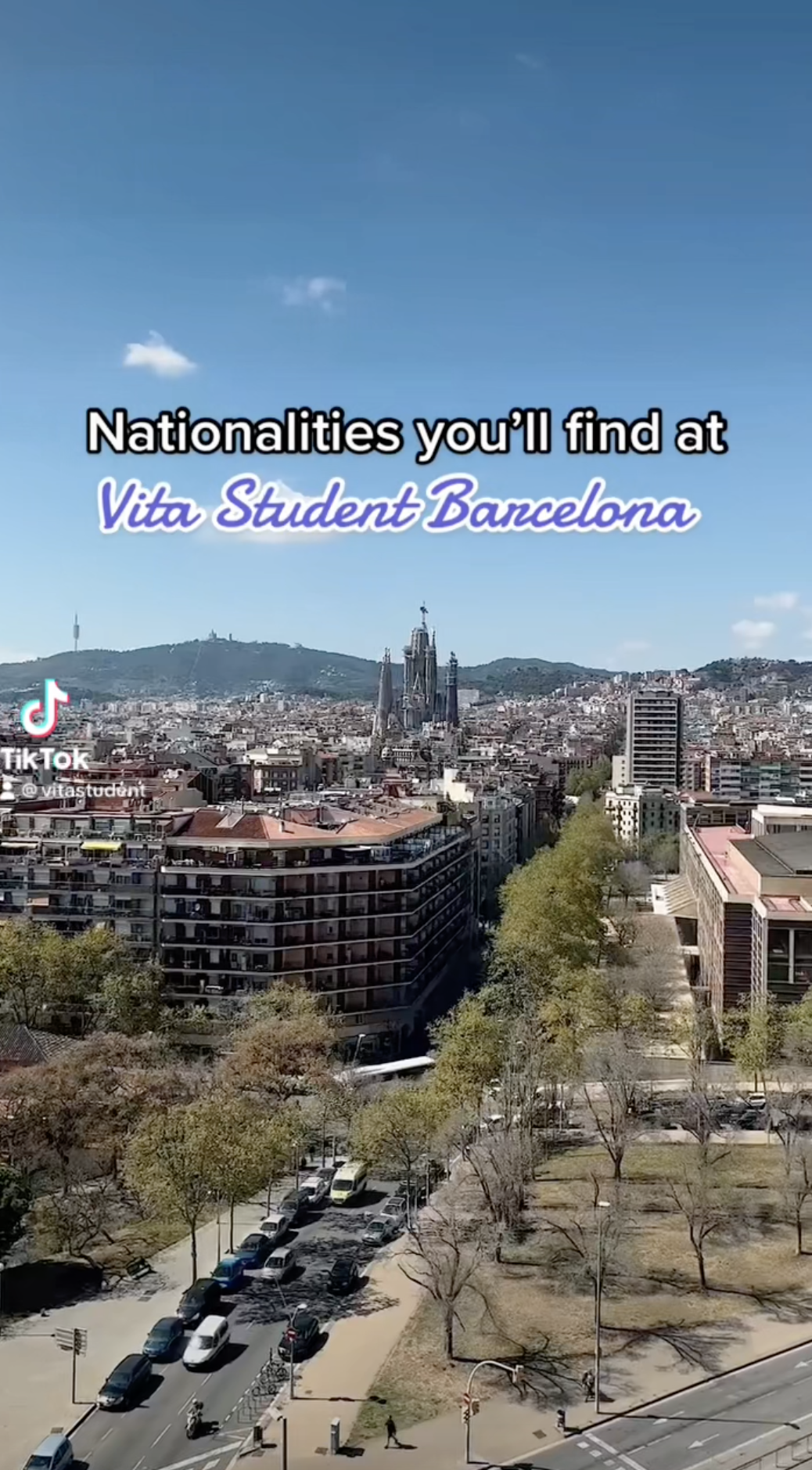 Aerial view of Barcelona with the Sagrada Familia in the background. The image includes text: "Nationalities you'll find at Vita Student Barcelona." This vibrant scene captures urban buildings, trees, and distant hills under a partly cloudy sky, embodying a city that inspires ambition beyond borders.
