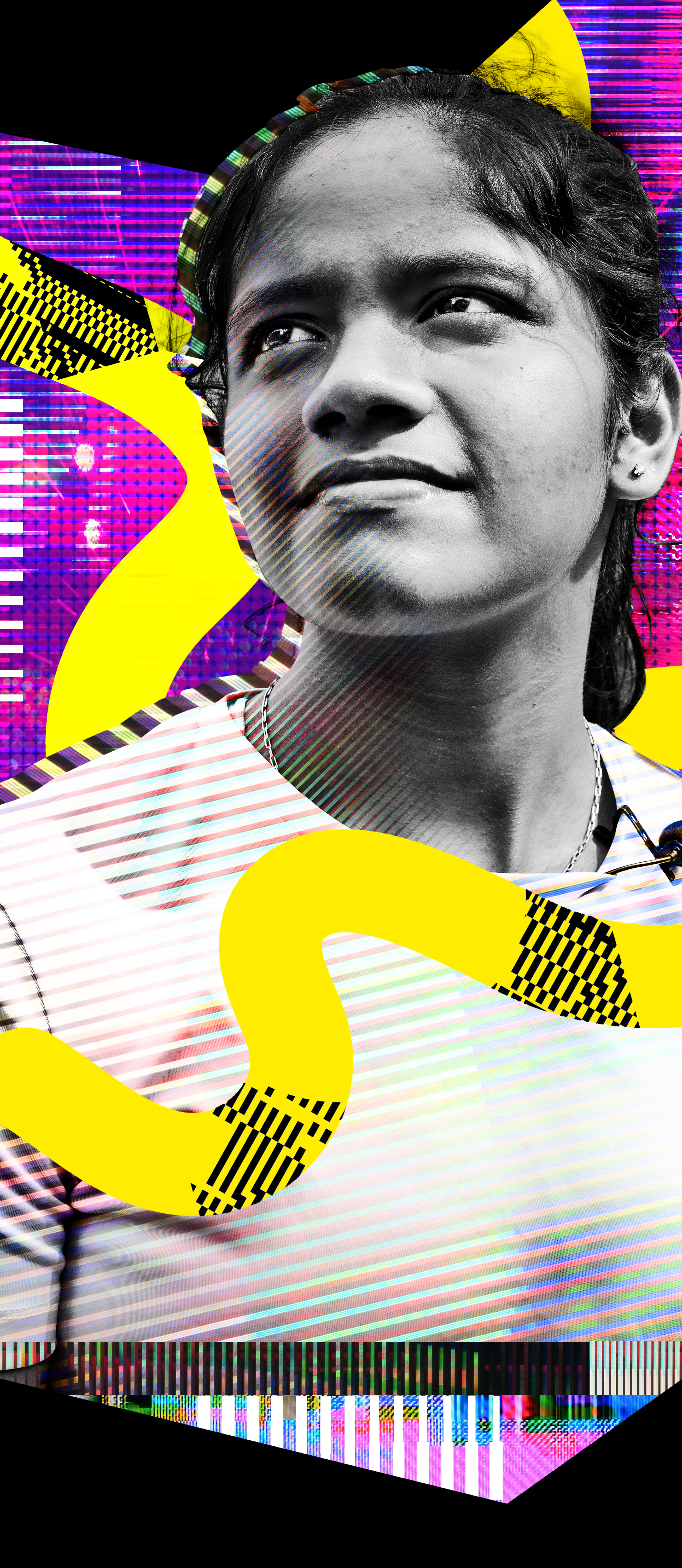 A young person gazes upwards, beyond ambition, set against a colorful, abstract background featuring bright yellow swirls and pixelated patterns in pink and purple hues. The image captures a vibrant, modern art-inspired style.