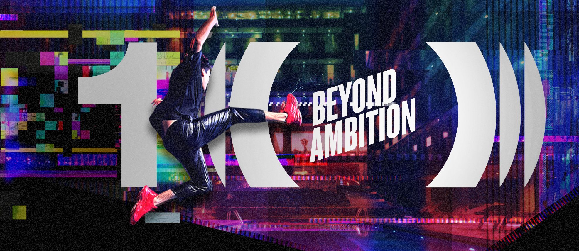 A dynamic image of a person in a black outfit and red shoes performing a high kick captures the essence of entering the "Beyond Ambition" competition. The phrase "Beyond Ambition" is prominently displayed across large numbers and curved lines, set against a vibrant digital background.