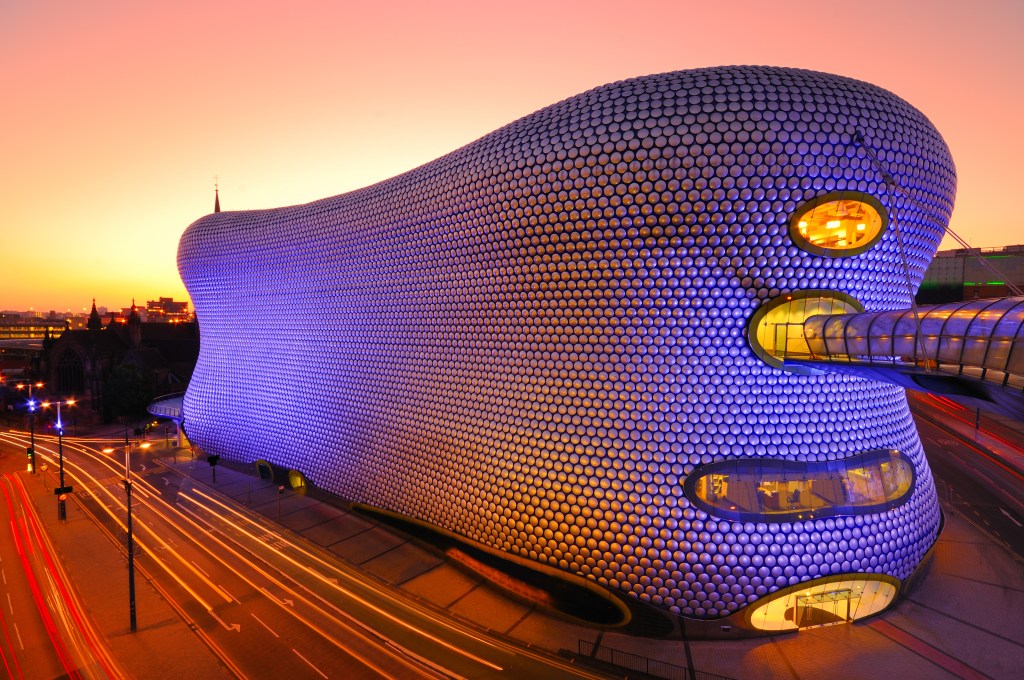 A wide angle view of the Bullring Shopping Centre at dusk. Birmingham, England, UK.