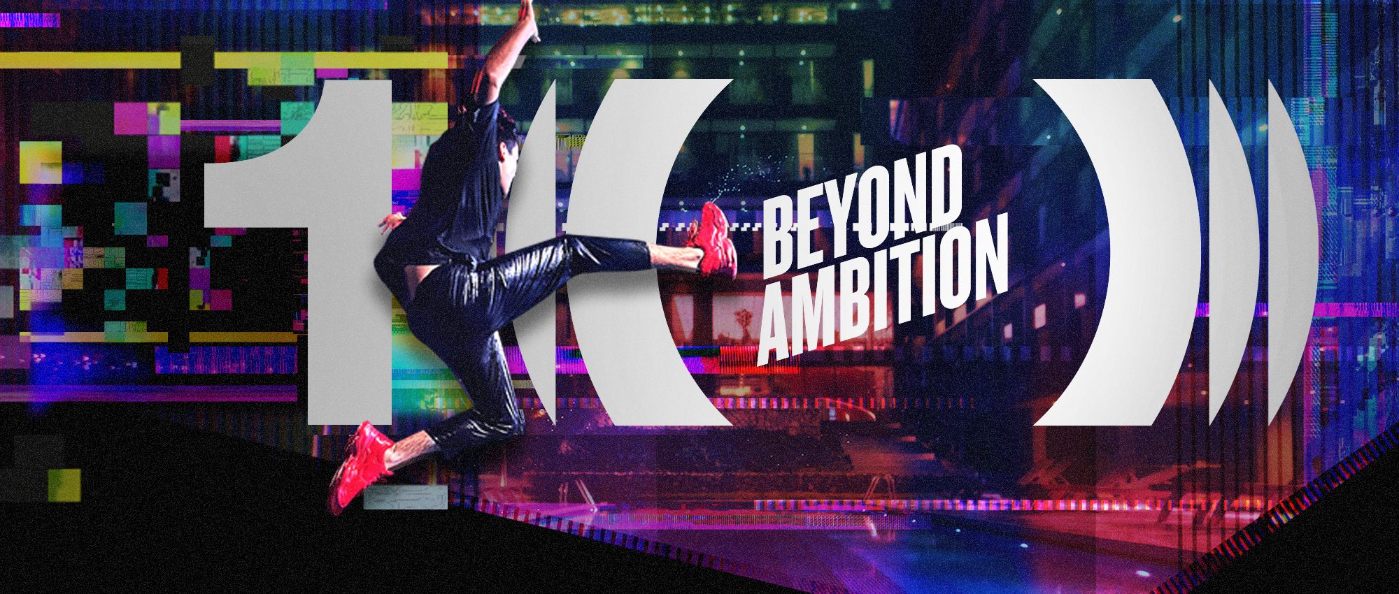 Futuristic digital artwork showcasing a person in dynamic motion beside the number "100," infused with colorful geometric and glitch patterns. The words "Beyond Ambition" shine brightly, symbolizing life-changing potential, amidst vibrant lighting effects reminiscent of vita student energy.
