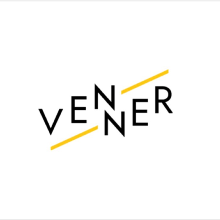 The text logo for "VENNER," a sleek emblem of the Vita Student Brand, is in black, elegantly divided by a yellow diagonal line between the "N" and "N." The white background enhances its modern aesthetic.