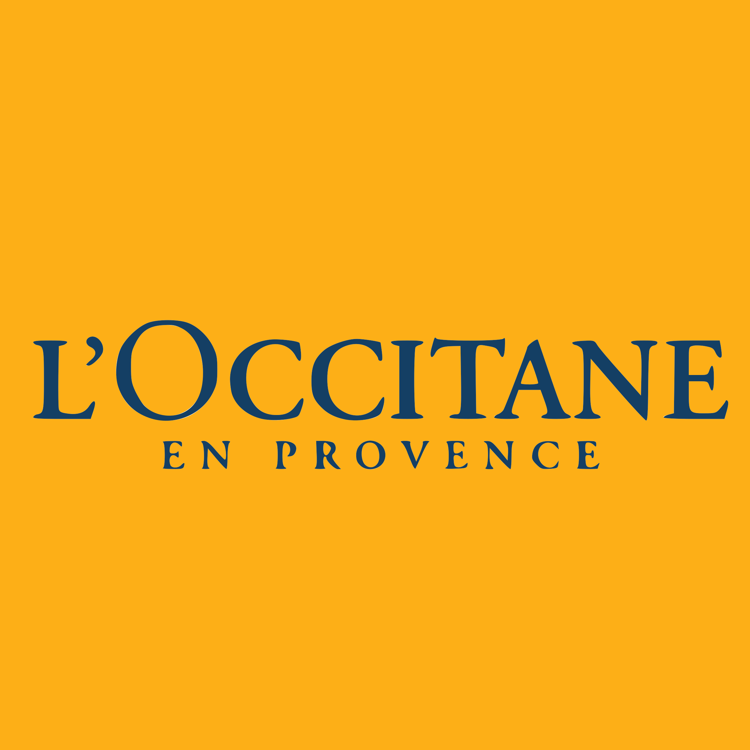 The image showcases the L'Occitane en Provence logo in dark blue text, prominently centered on a vibrant yellow-orange background, reminiscent of the vibrant collaborations by Vita Student Brand Partners.