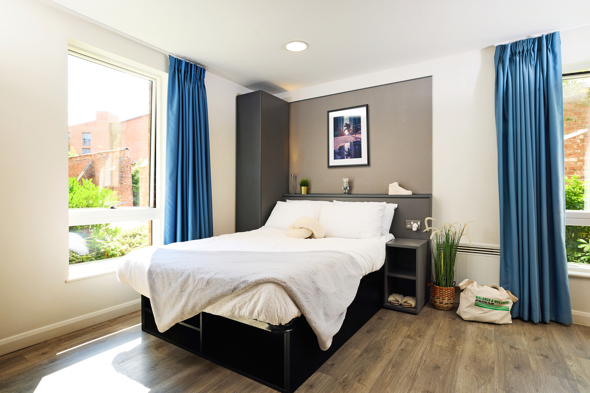 A bright, modern bedroom with a neatly made bed featuring white linens. Two large windows with blue curtains illuminate the room. A framed picture hangs above the bed, and plants decorate the nightstands on either side.