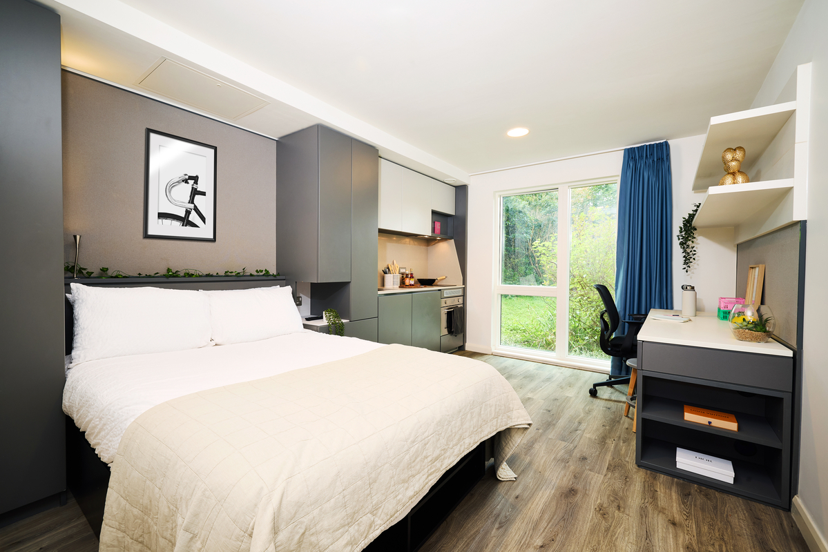 A modern bedroom with a neatly made bed, white bedding, and dark gray headboard. There's a small kitchen area with a stove and cabinets, a desk with a chair, shelves, and a large window with blue curtains overlooking greenery.