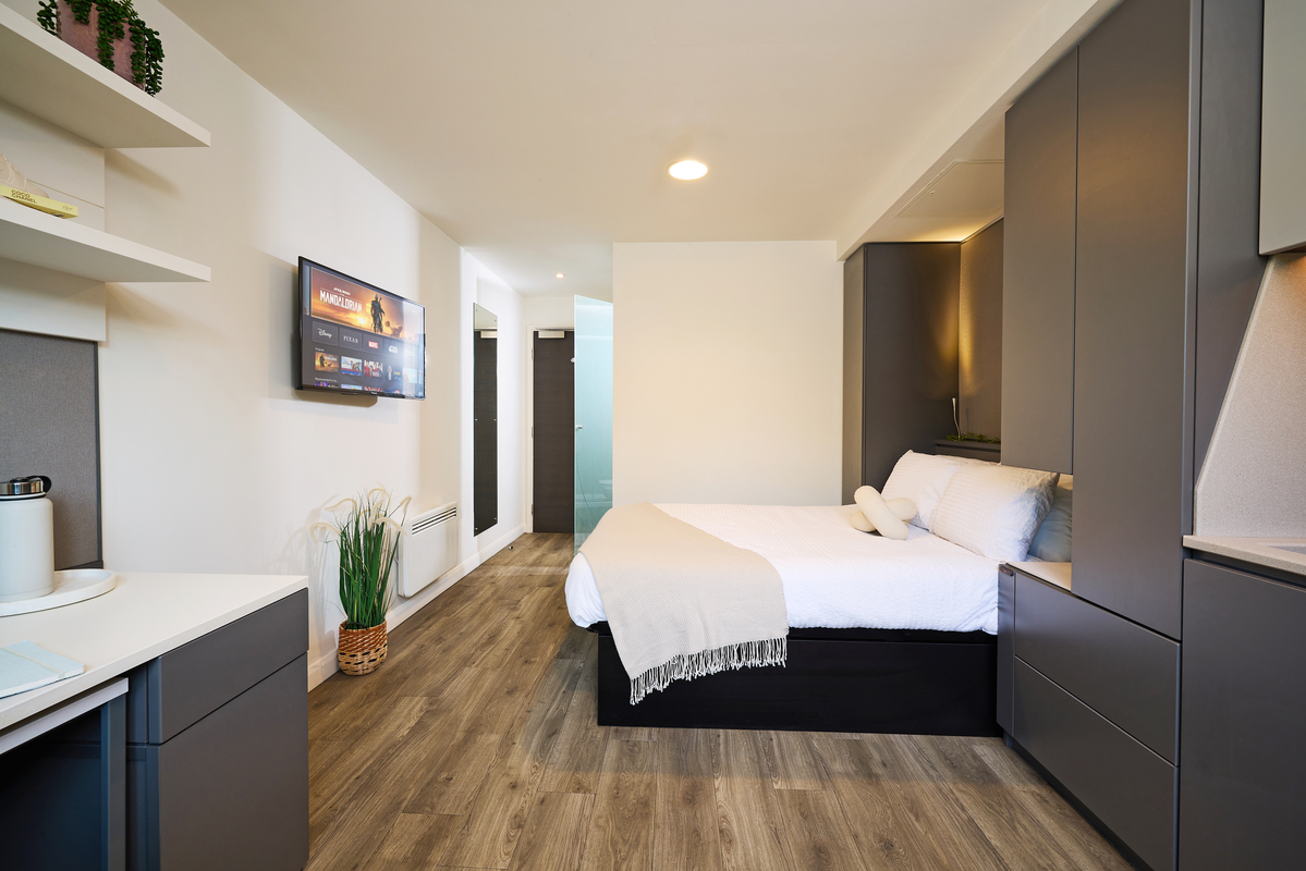 Modern bedroom with a double bed, gray cabinetry, and wood flooring. A wall-mounted TV is playing Netflix, and a small plant is beside a white desk with shelves above. A frosted glass door leads to an adjacent room, with recessed lighting overhead.