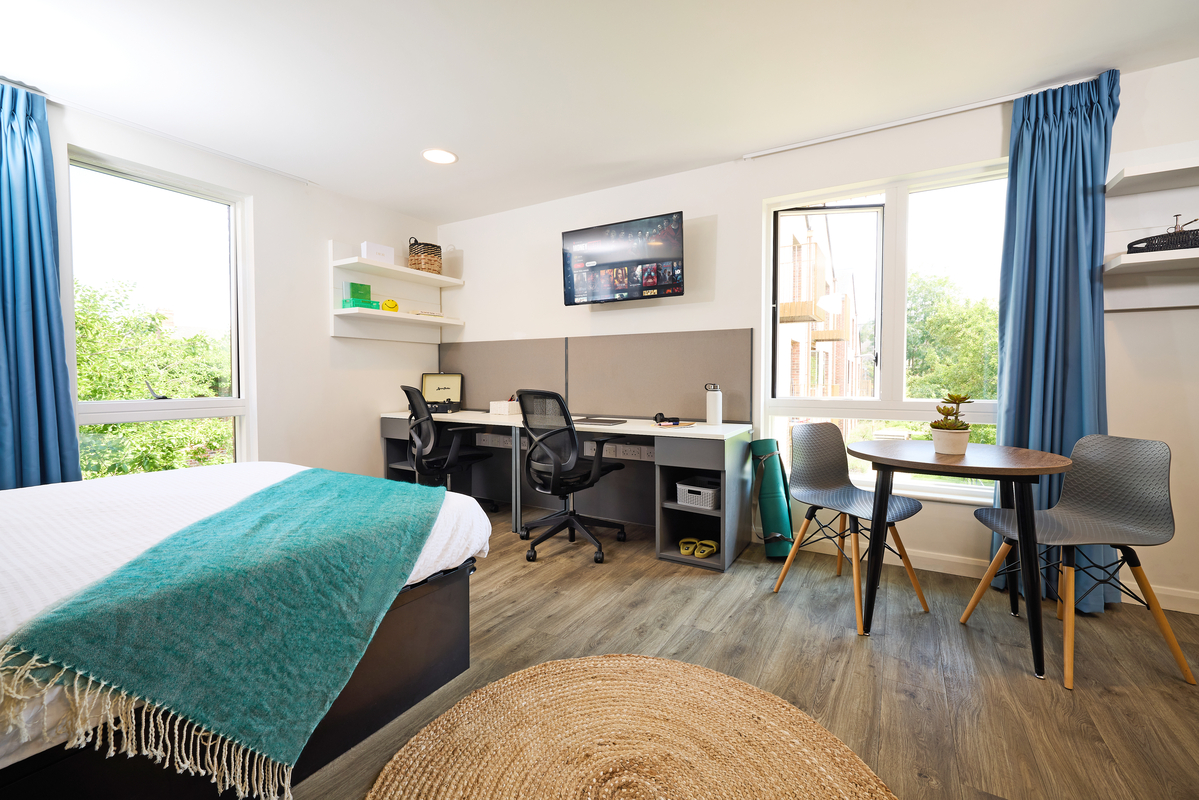A bright, modern room with a bed topped with a teal throw, a large window, a TV mounted on the wall, a desk with a chair and computer, and a round table with chairs. There's a woven rug on the wooden floor and blue curtains on the windows.