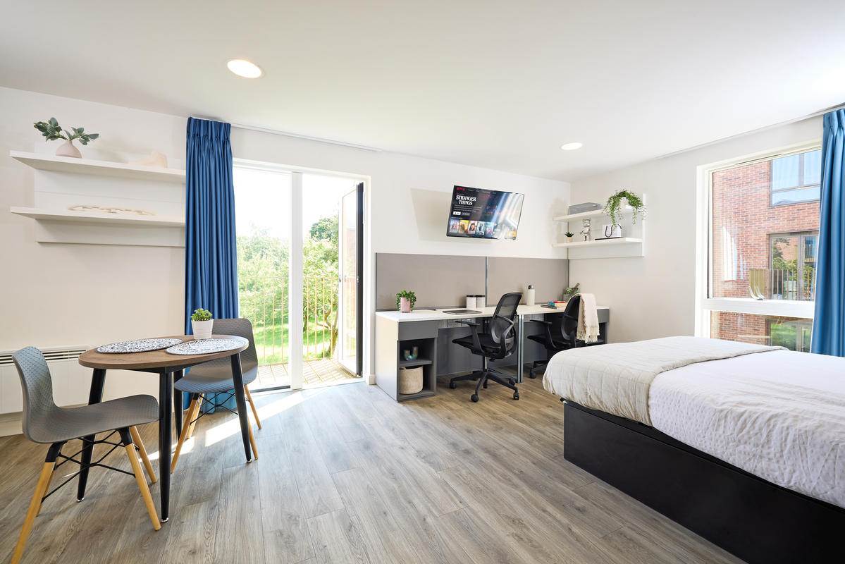 Modern room with a bed, desk, and chair on the right, a round table with chairs on the left, and a TV mounted above the desk. Large windows and glass door offer a view of greenery. White walls and wooden floor create a bright, airy ambiance.