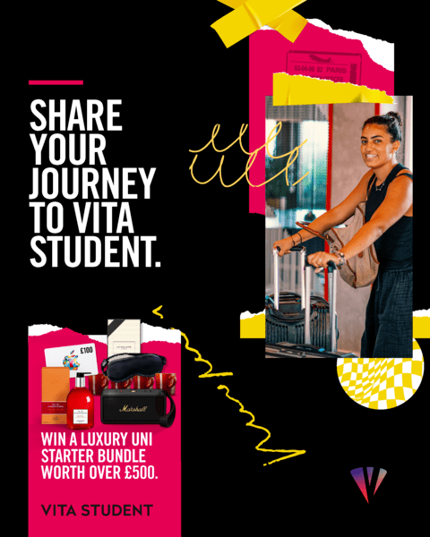A smiling person with a suitcase stands beside a bike indoors, ready to move in. Text reads, "Share your journey to Vita Student. Win a luxury uni starter bundle worth over £500." Various gifts are displayed on a black background.